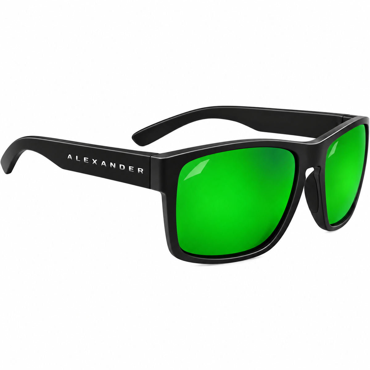 Alexander Sunglasses with black frames and bright green lenses shown at an angle on a white background