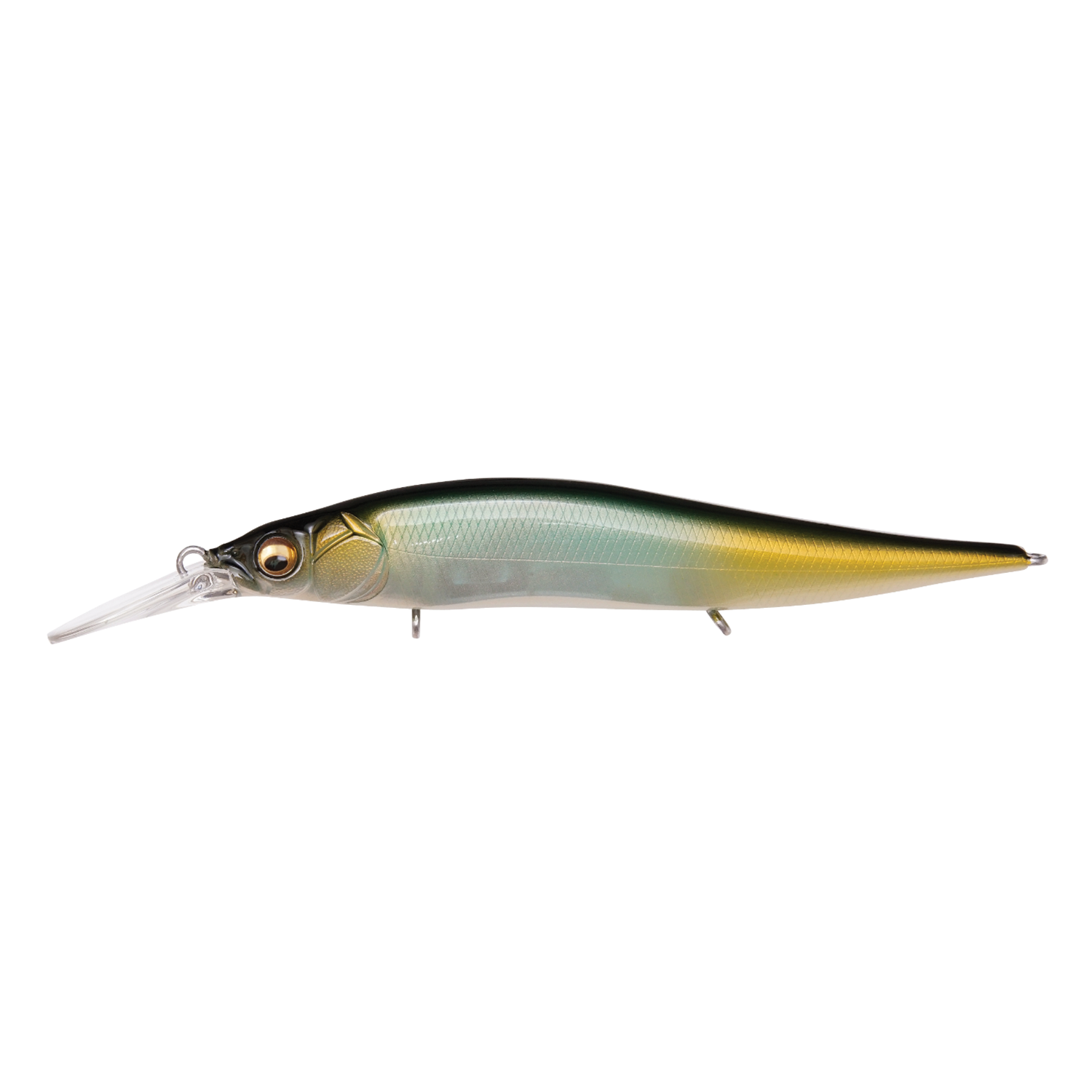 Megabass Vision 110+1 Jr. fishing lure designed with a sleek, fish-shaped body in green, yellow, and black shades, featuring detailed eyes and a clear diving lip for realistic movement in water.