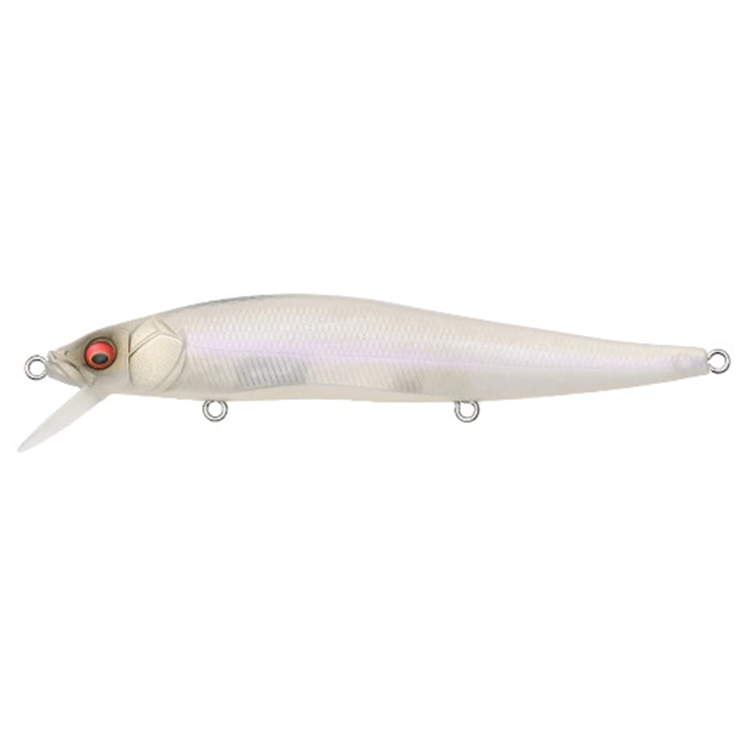 Megabass Vision 110 fishing lure in pearl white with red eyes, designed for freshwater fishing, featuring a streamlined body and multiple attachment points for hooks.