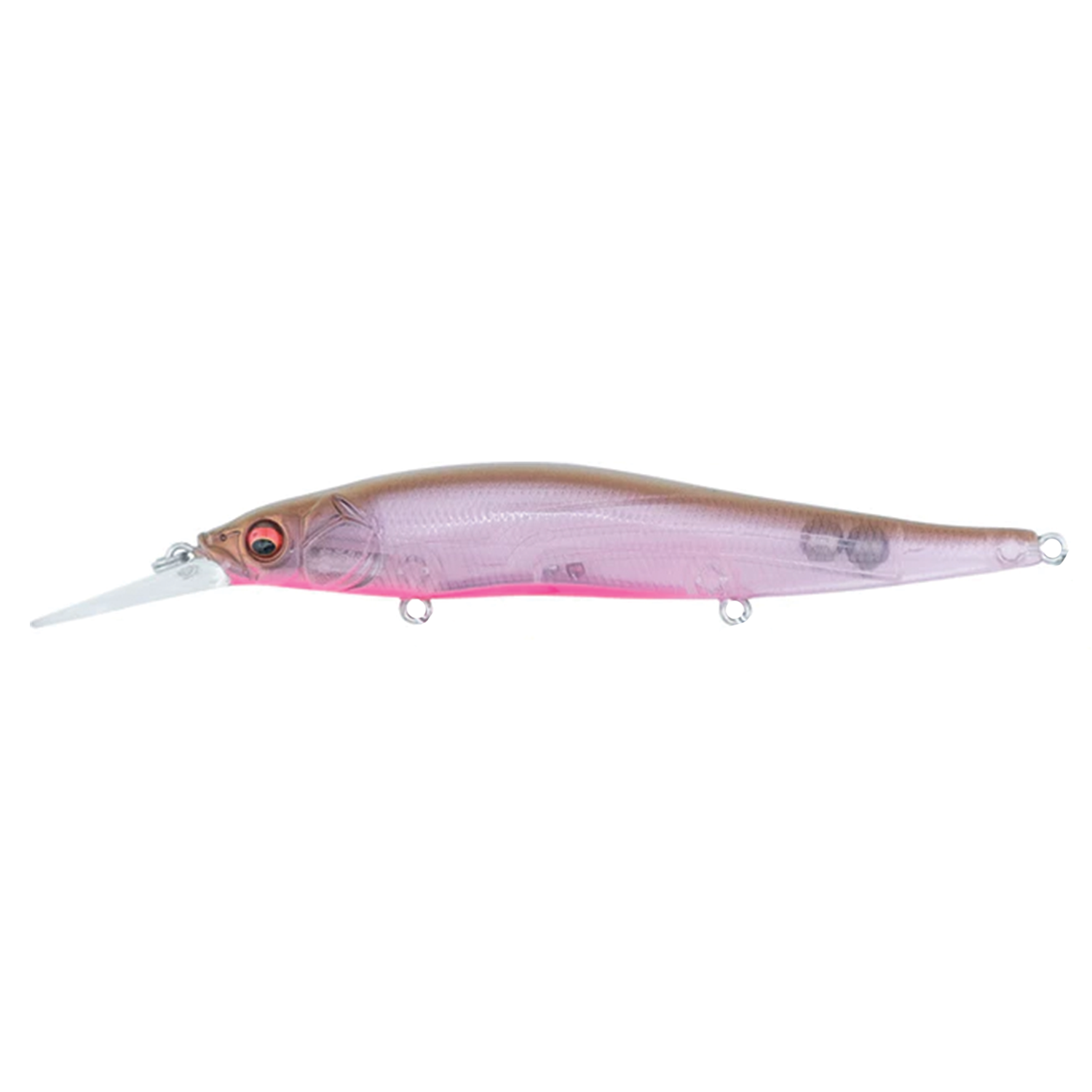 Megabass Vision 110+1 fishing lure in translucent pink and brown tones with detailed eyes and diving lip, designed for targeting musky and freshwater fish.