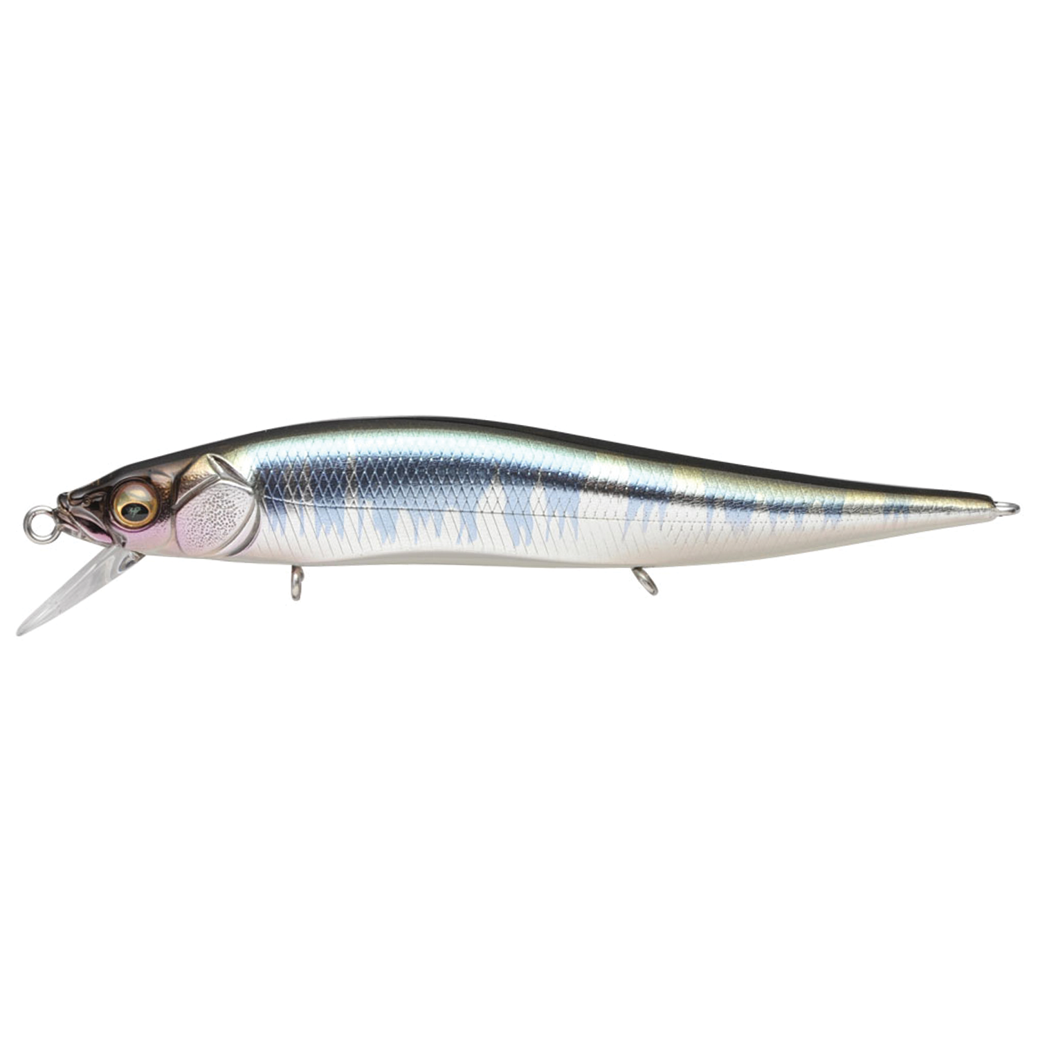 Megabass Vision 110 Jr. fishing lure with sleek, elongated body featuring a metallic blue and silver finish, designed for attracting musky and other freshwater fish.