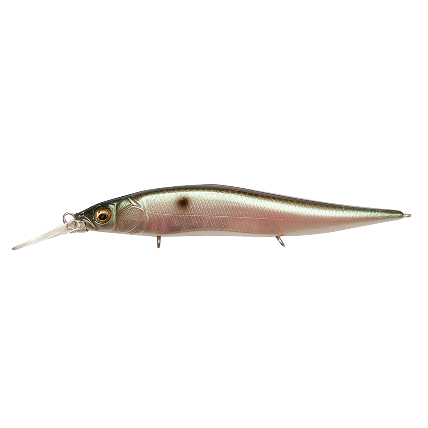 Megabass Vision 110+1 Jr. fishing lure with a sleek, elongated body, realistic scale texture, lifelike eye detail, and a clear diving lip for attracting predatory fish.