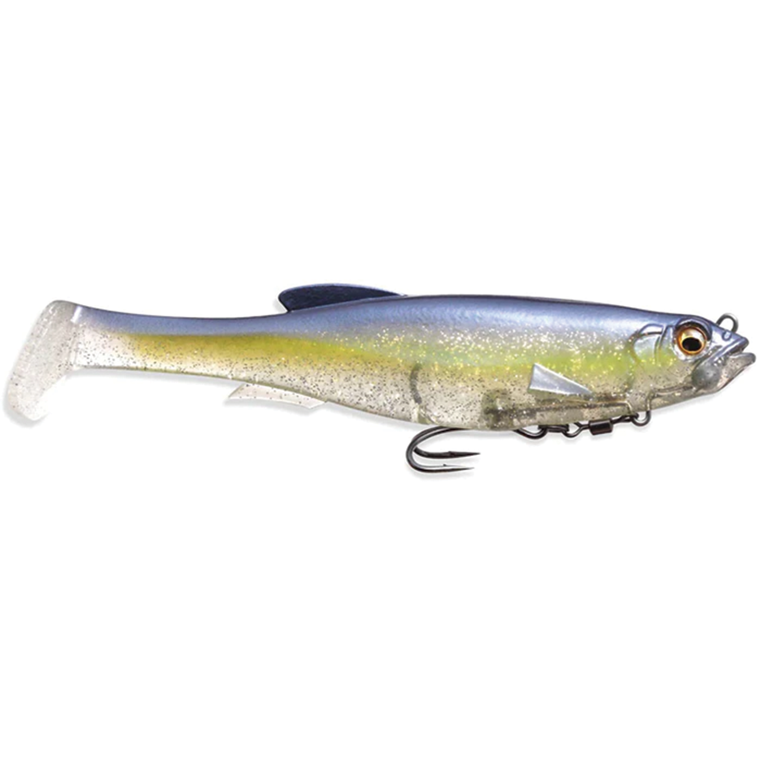 Megabass Magdraft fishing lure designed to resemble a small fish with transparent body, blue and yellow coloring, and equipped with a single treble hook for freshwater fishing.