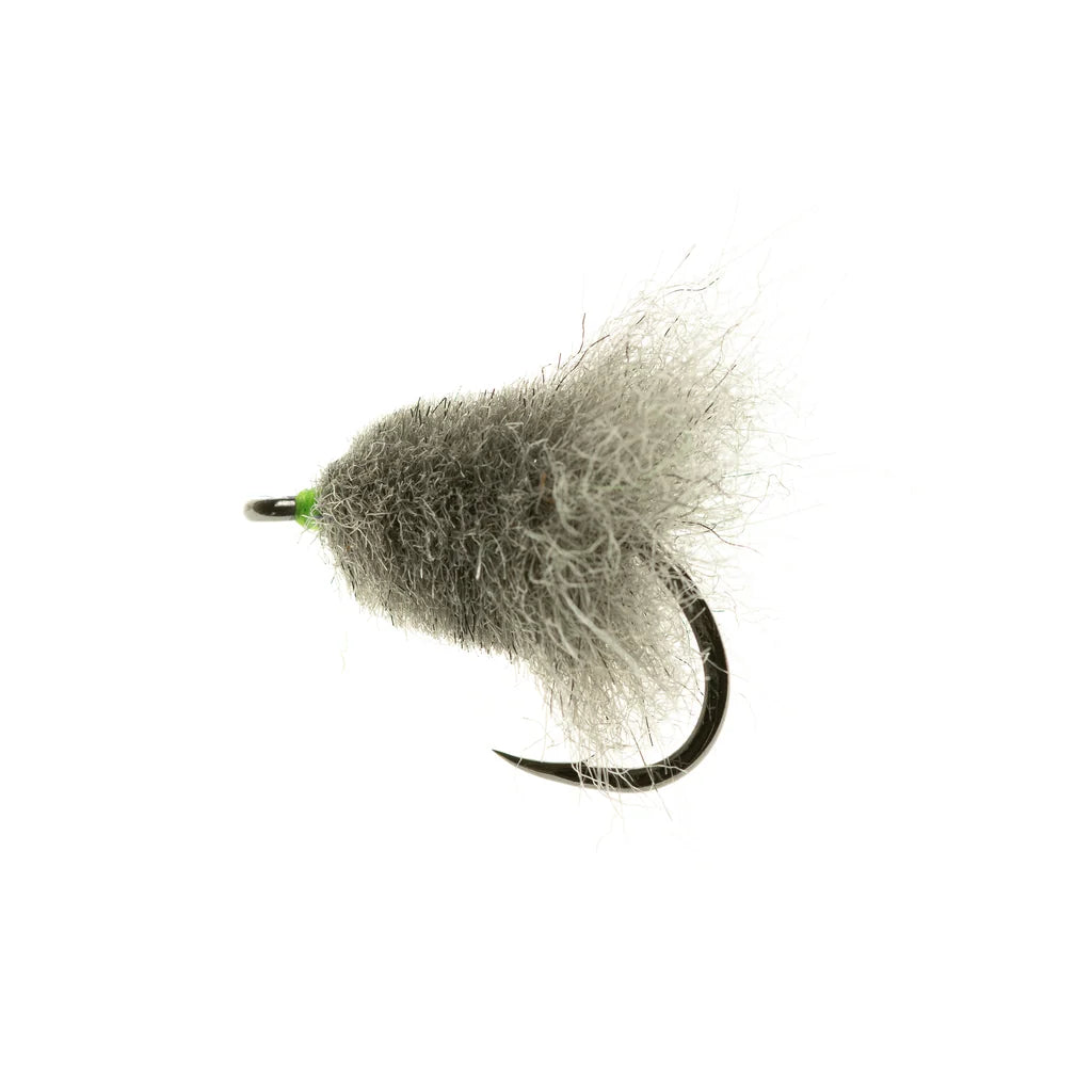 Enrico Puglisi Muddler Minnow UV Brush fly fishing lure with gray brush fibers and curved black hook for musky fishing tackle