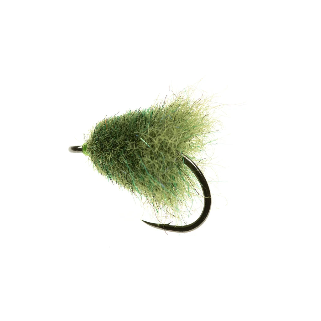 Enrico Puglisi Muddler Minnow UV Brush fly fishing lure with dense olive green fibers and a curved black hook for musky fishing