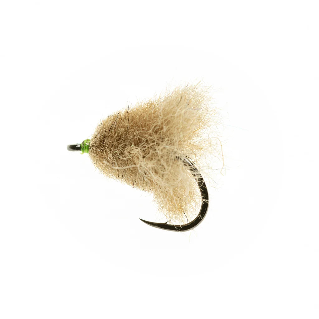 Enrico Puglisi Muddler Minnow UV Brush fly fishing lure with tan brush fibers green head and curved black hook for musky fishing tackle