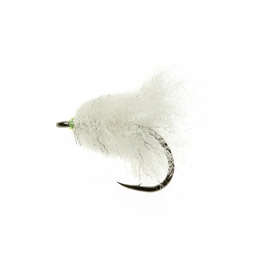 Enrico Puglisi Muddler Minnow UV Brush white fly fishing lure with flowing fibers and curved hook for musky fishing tackle