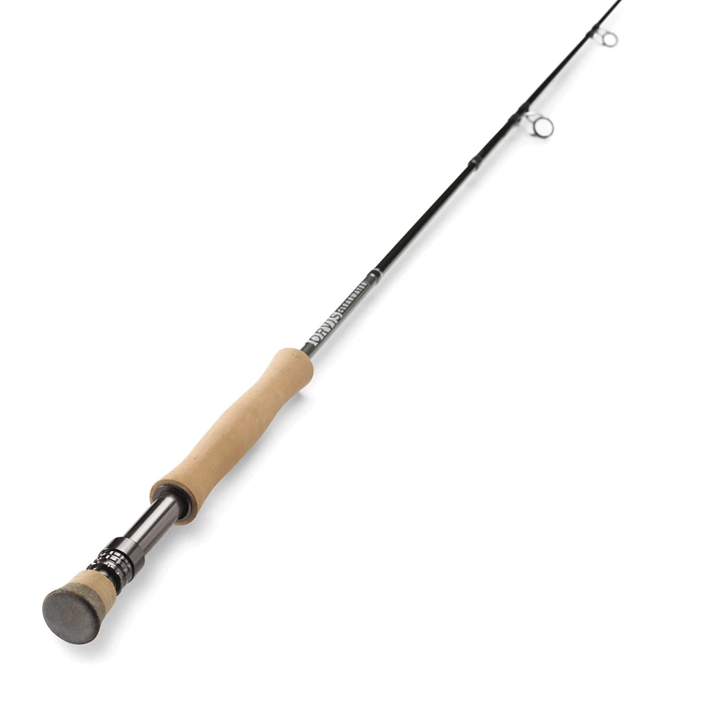 Orvis Clearwater Fly Rod featuring a light brown cork handle, sleek black shaft, and stainless steel guides designed for precision and durability in fly fishing.