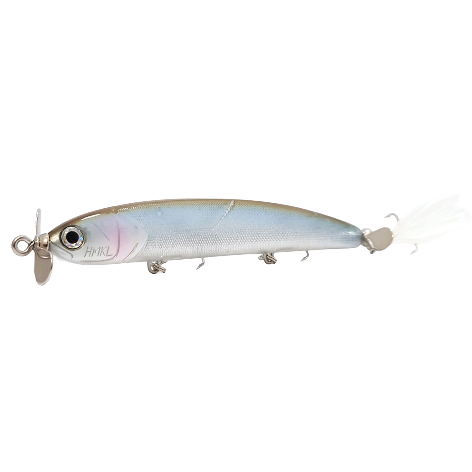 HMKL W Prop Hime Move fishing lure in silver blue with a small front propeller and feathered treble hooks designed for musky fishing tackle.