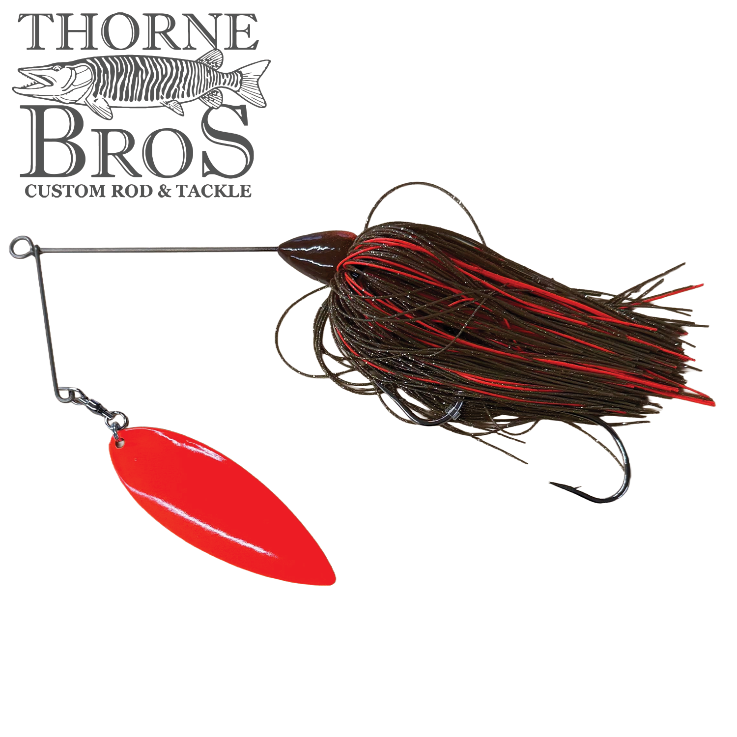 CJ'S Large Silicone (Willow Blade) fishing lure featuring a red willow blade spinner and black and red silicone skirt, designed for effective musky fishing.