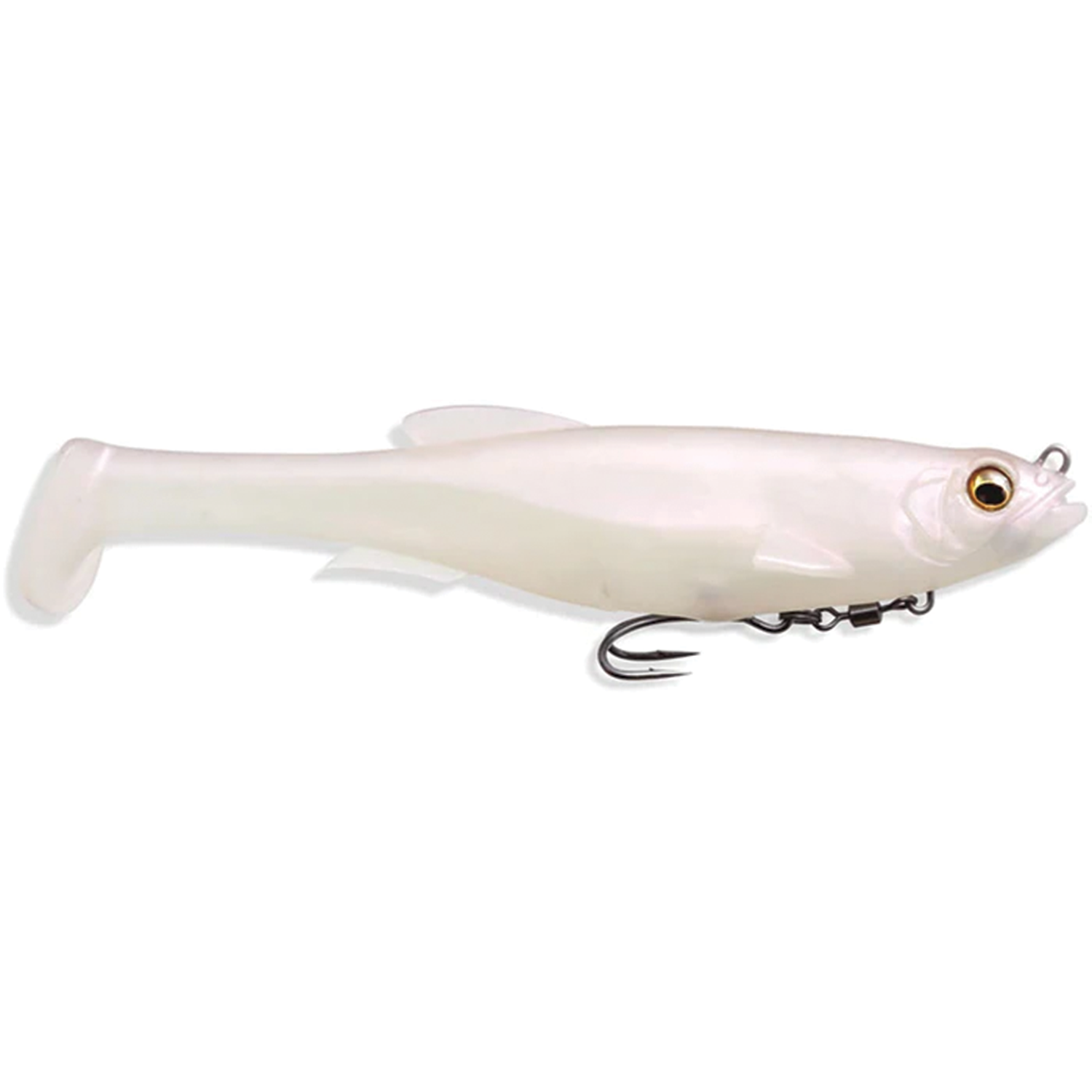 Megabass Magdraft white soft plastic fishing lure with lifelike fish shape, detailed eyes, paddle tail, and sharp treble hook for effective fishing tackle.