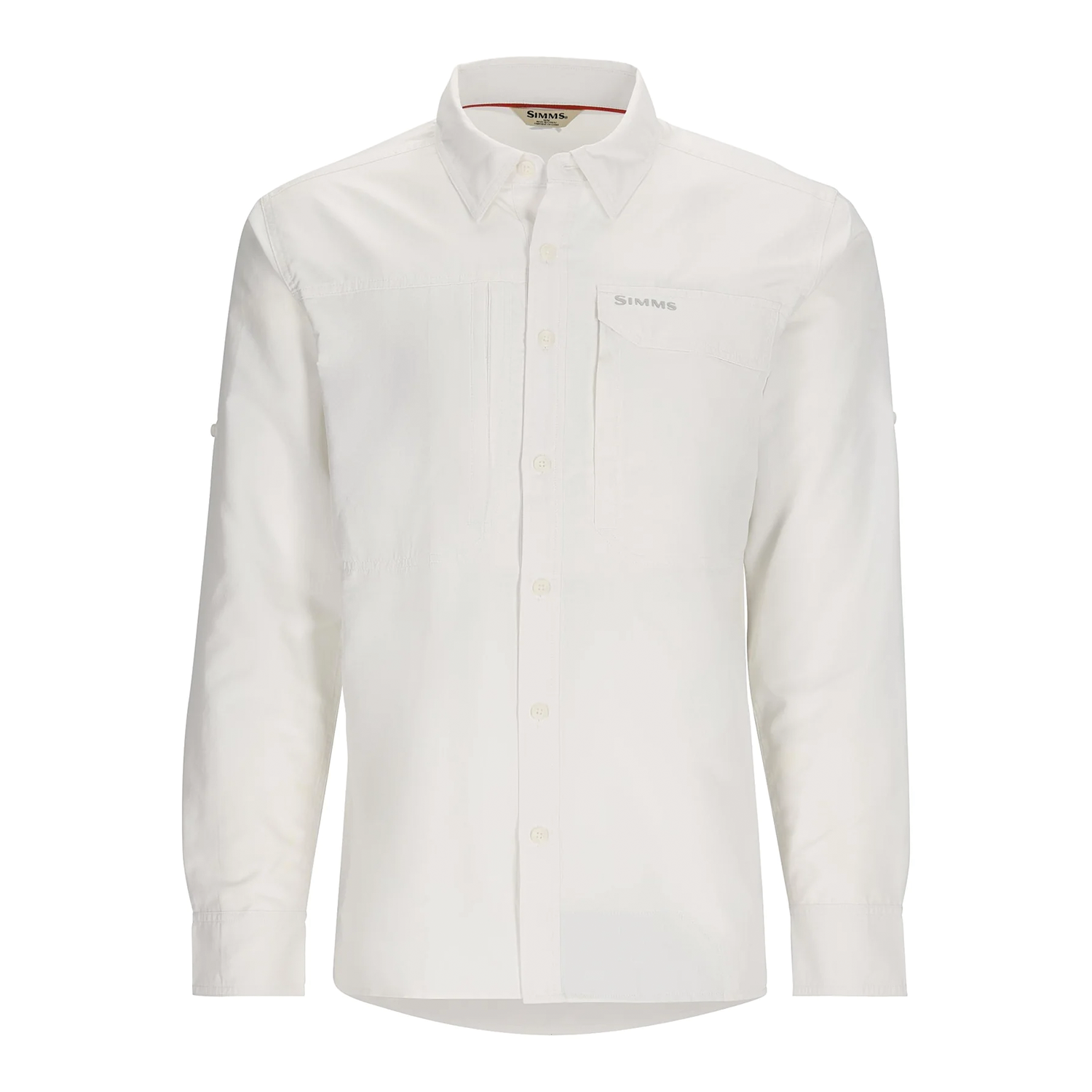 Simms Guide Shirt - Men's in white, long-sleeve button-up designed for fishing with lightweight, breathable fabric and chest pocket, ideal for outdoor fishing activities.