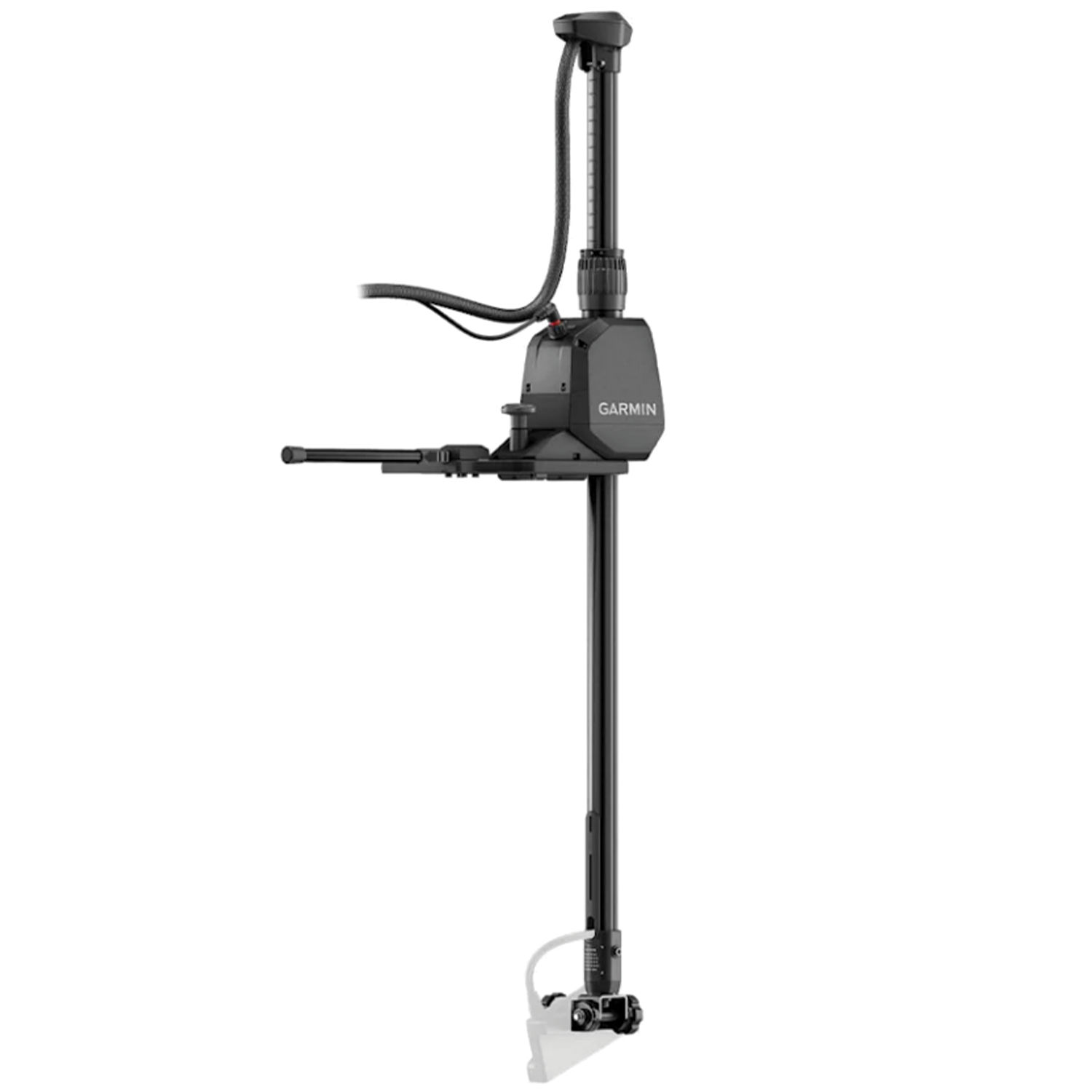 Garmin Spy Pole Motorized Pole Mounts, a sleek black marine electronic device with adjustable arm and mounting bracket designed for fishing boats, ideal for precise trolling control.