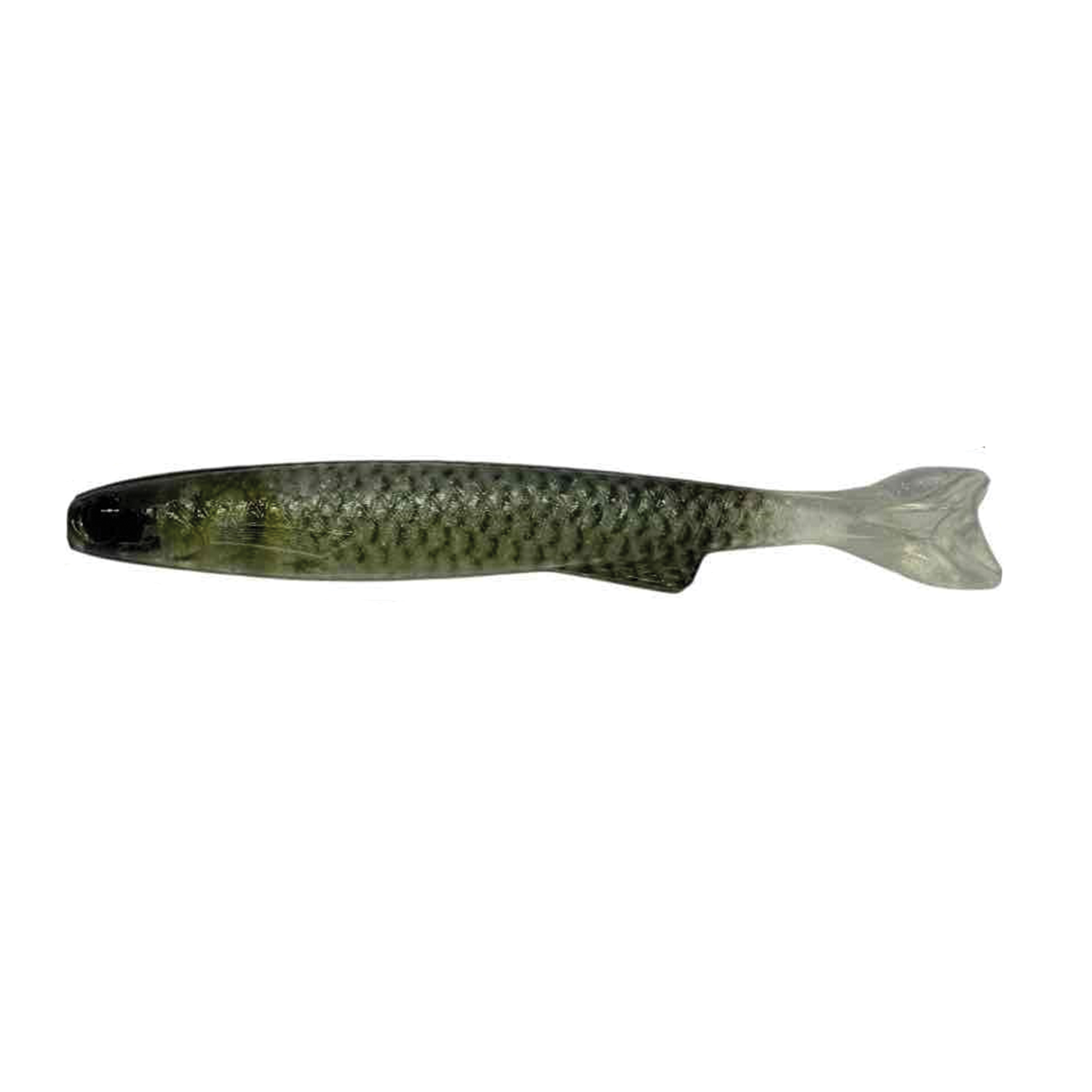 YG.Labo Micro Dorvus soft fishing lure with a textured greenish-gray body and translucent paddle tail, designed for effective fish attraction in fishing tackle.