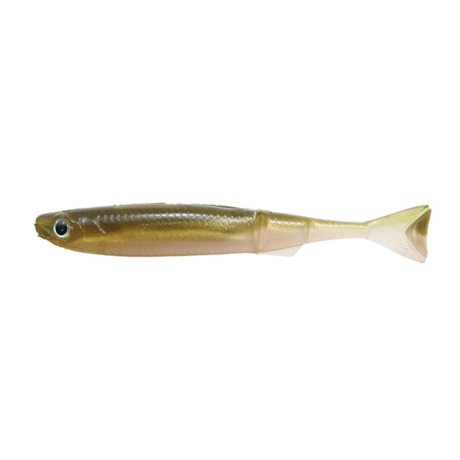 Issei Liar Minnow (Kozakana Worm) fishing lure in natural fish coloration with a soft body and paddle tail, designed for realistic movement to attract fish.
