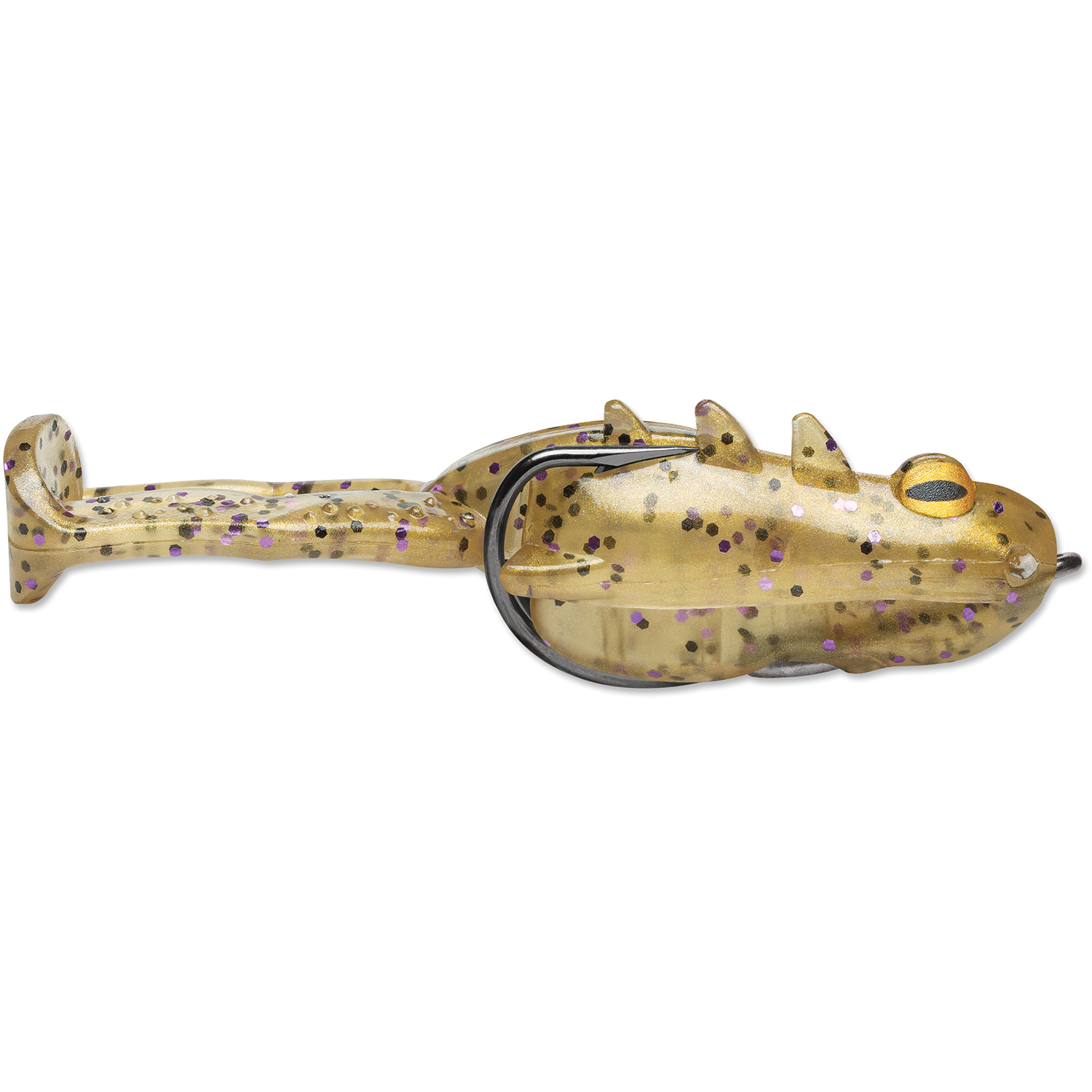Storm Surge Frog fishing lure designed to resemble a frog with a textured body, realistic eyes, and a curled tail, featuring embedded glitter for added attraction.