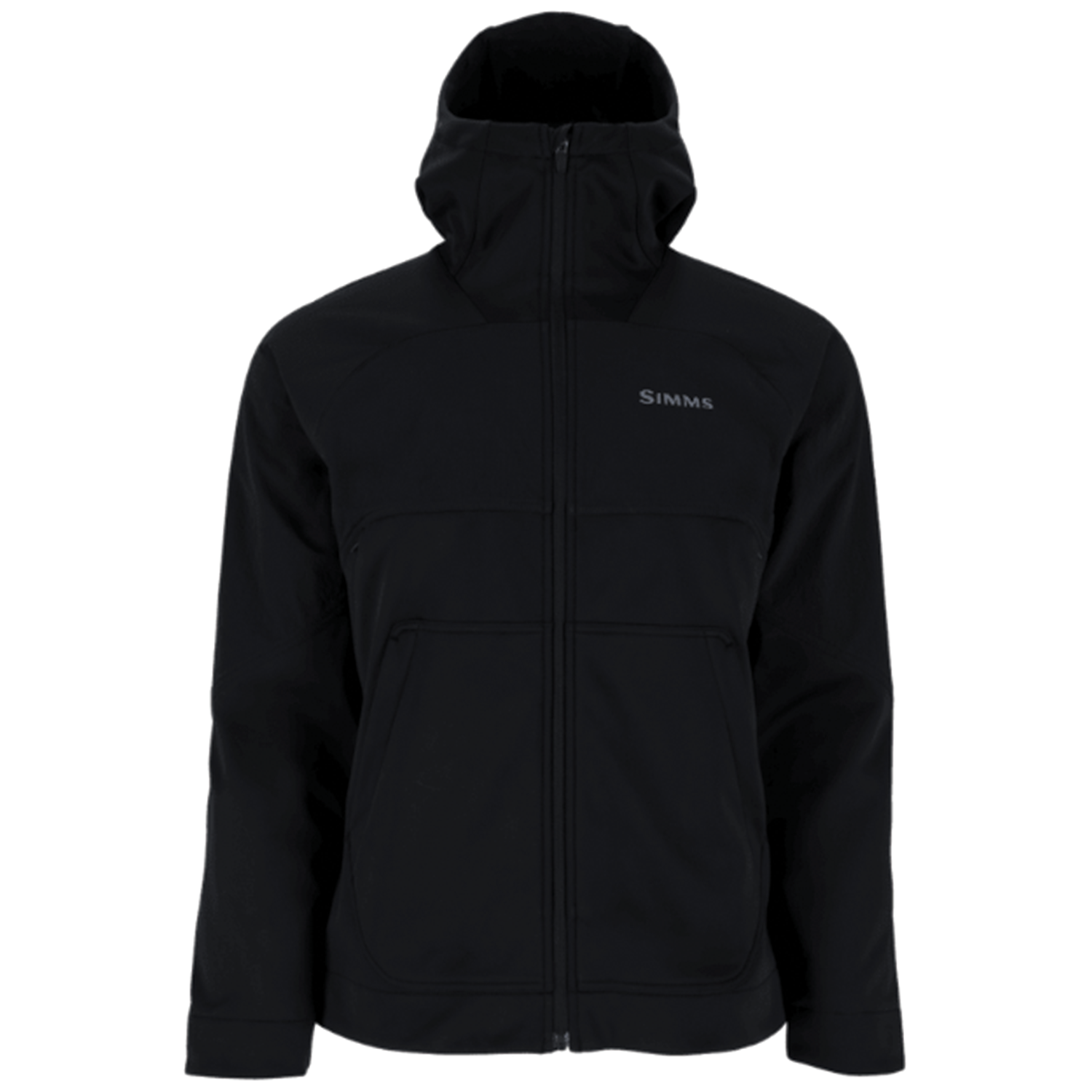 Simms Saginaw Hoody - Men's in black, featuring a full front zipper, attached hood, long sleeves, and two front pockets, designed for outdoor fishing and protection against cold weather.