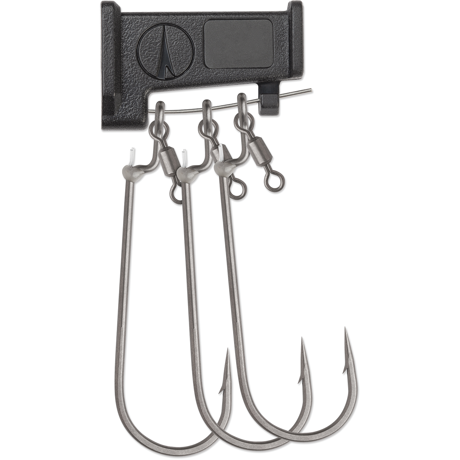 Three metallic fishing hooks with swivels attached to a black plastic holder, designed for secure and effective bait presentation, identified as VMC RedLine Series Swivel Fluke Hooks.