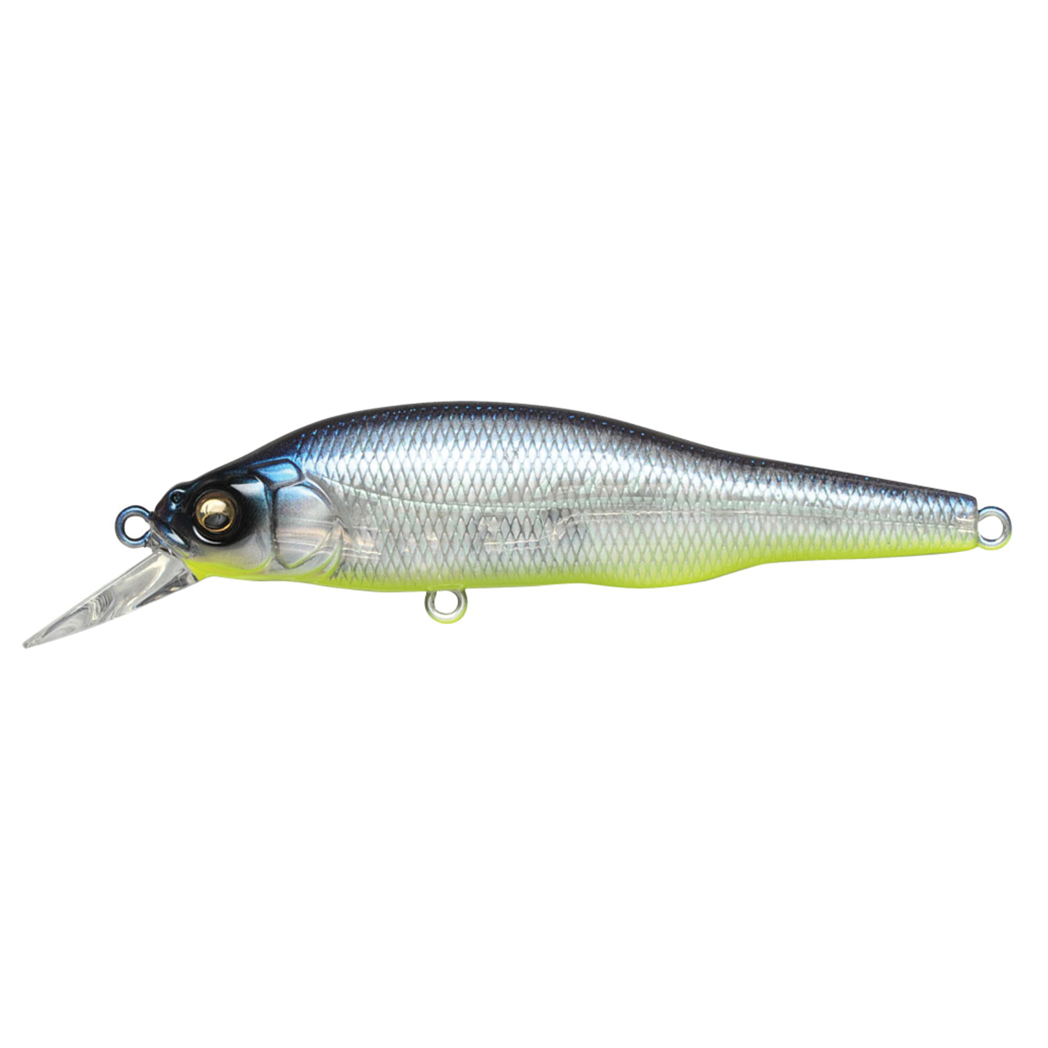 Megabass X-80 Trick Darter fishing lure in silver and blue with realistic scale texture and detailed eyes, designed for attracting predatory fish in freshwater fishing.