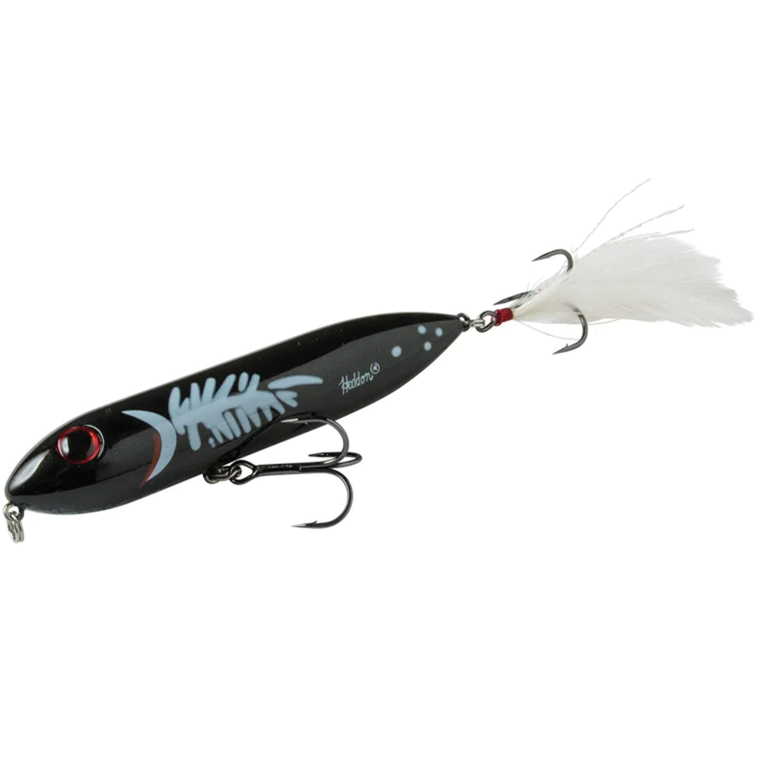 Black fishing lure with fishbone design, red eyes, dual treble hooks, and white feather tail, identified as Heddon Super Zara Spook fishing tackle.