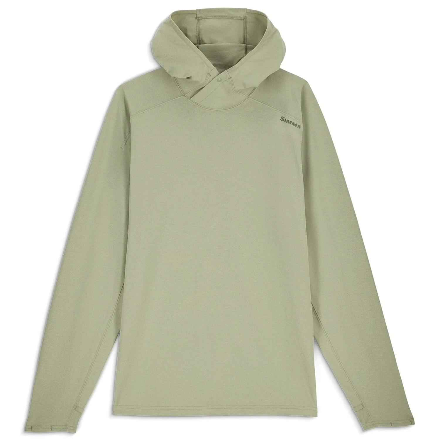 Simms SolarFlex Hoody - Men's (New 2026) in light olive green with long sleeves, a fitted hood, and breathable, moisture-wicking fabric ideal for fishing and outdoor activities.