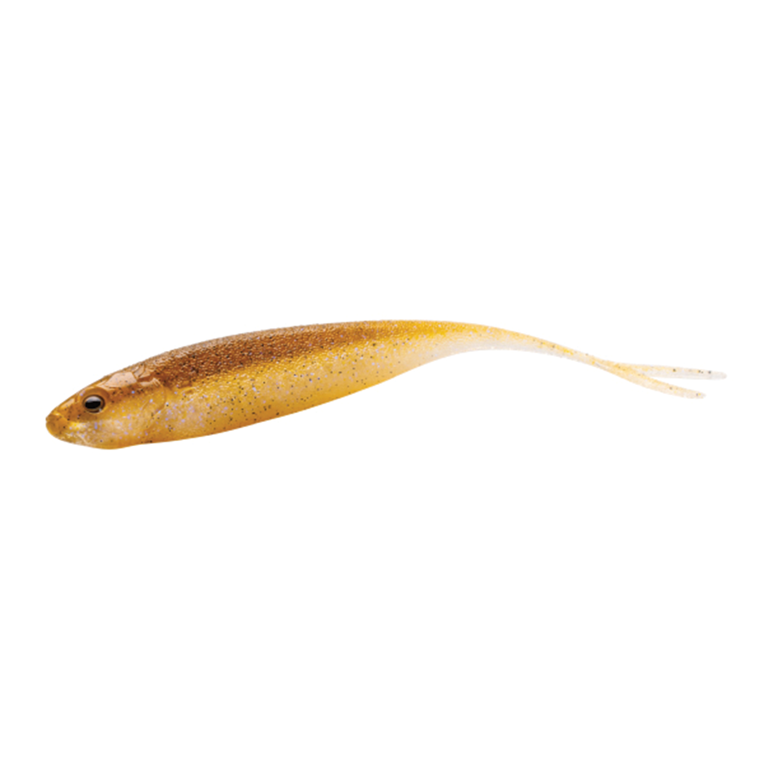 Engine Like ThreeNine ES soft plastic fishing lure in translucent brown and gold with a slender fish-shaped body and forked tail, designed for fishing tackle use.