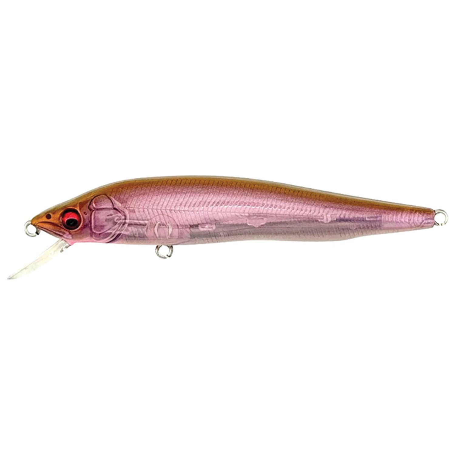 Megabass Vision 95 Q-GO fishing lure in translucent purple and brown with a detailed fish scale pattern, realistic red eyes, and a clear diving lip for precise movement.