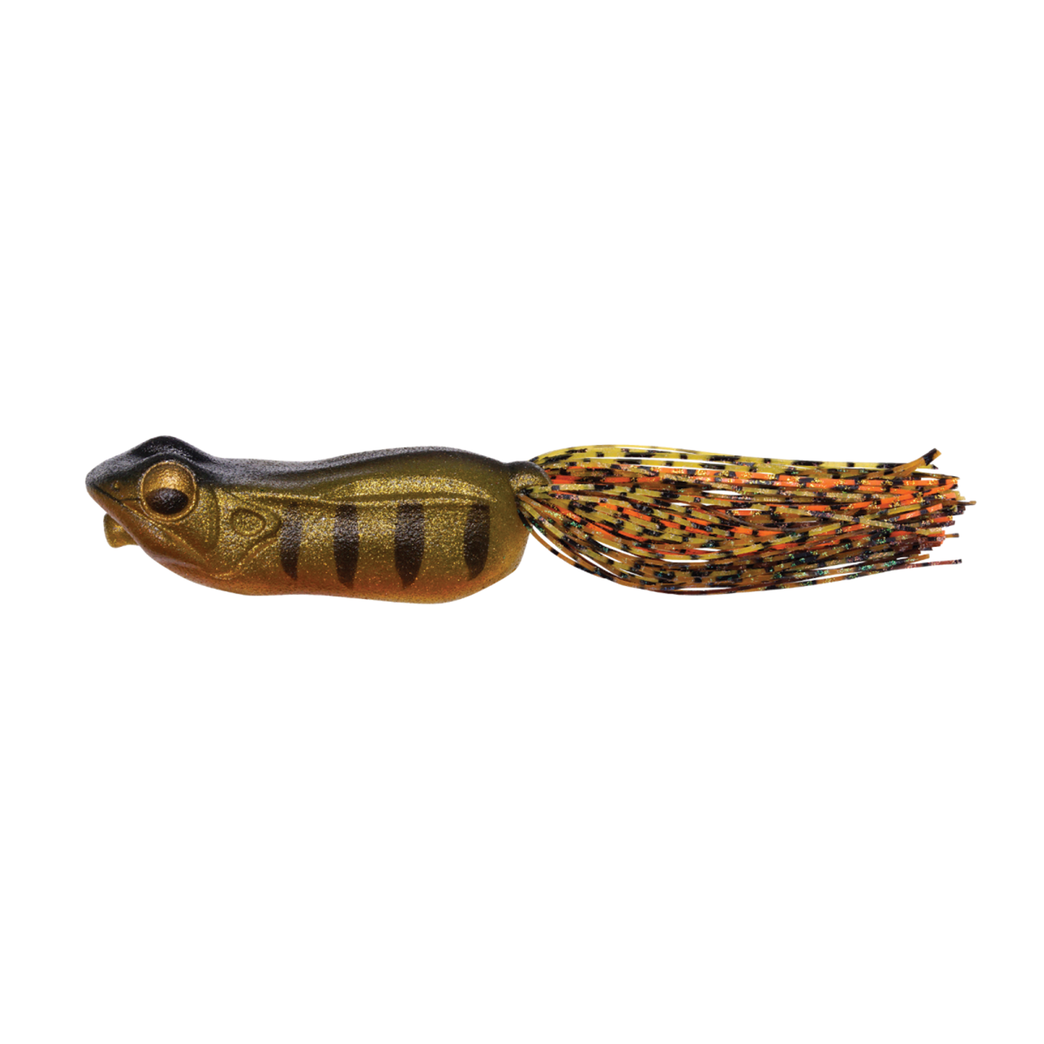 Megabass Big Gabot fishing lure with a frog-shaped body in metallic green and brown tones, featuring black stripes and a multicolored skirt tail designed for musky fishing.