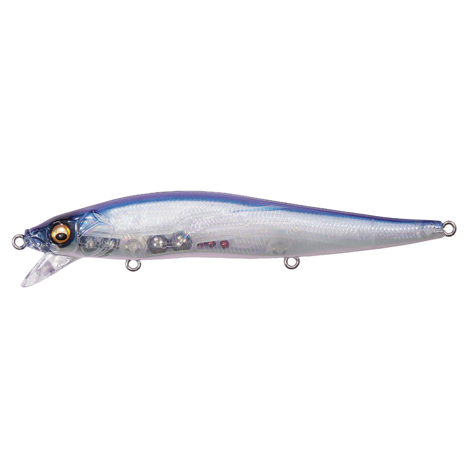Megabass Vision 110 SR fishing lure in translucent blue and silver with realistic fish eye detailing and internal metal ball weights for enhanced casting and movement.