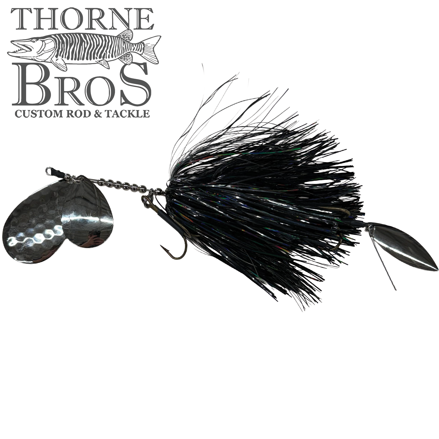 Hunsy Tails 8/10 Banger fishing lure with black iridescent skirt, two hammered silver spinner blades, and stainless steel wire frame designed for musky fishing.
