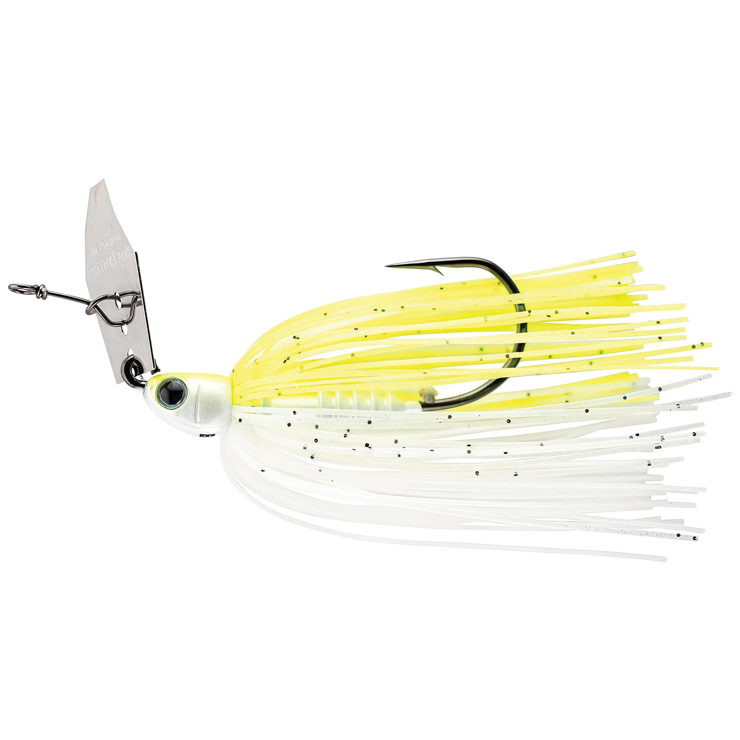 Z-Man Chatterbait PZ2 fishing lure in yellow and white with a metal blade and black specks, designed for freshwater fishing tackle and lure applications.
