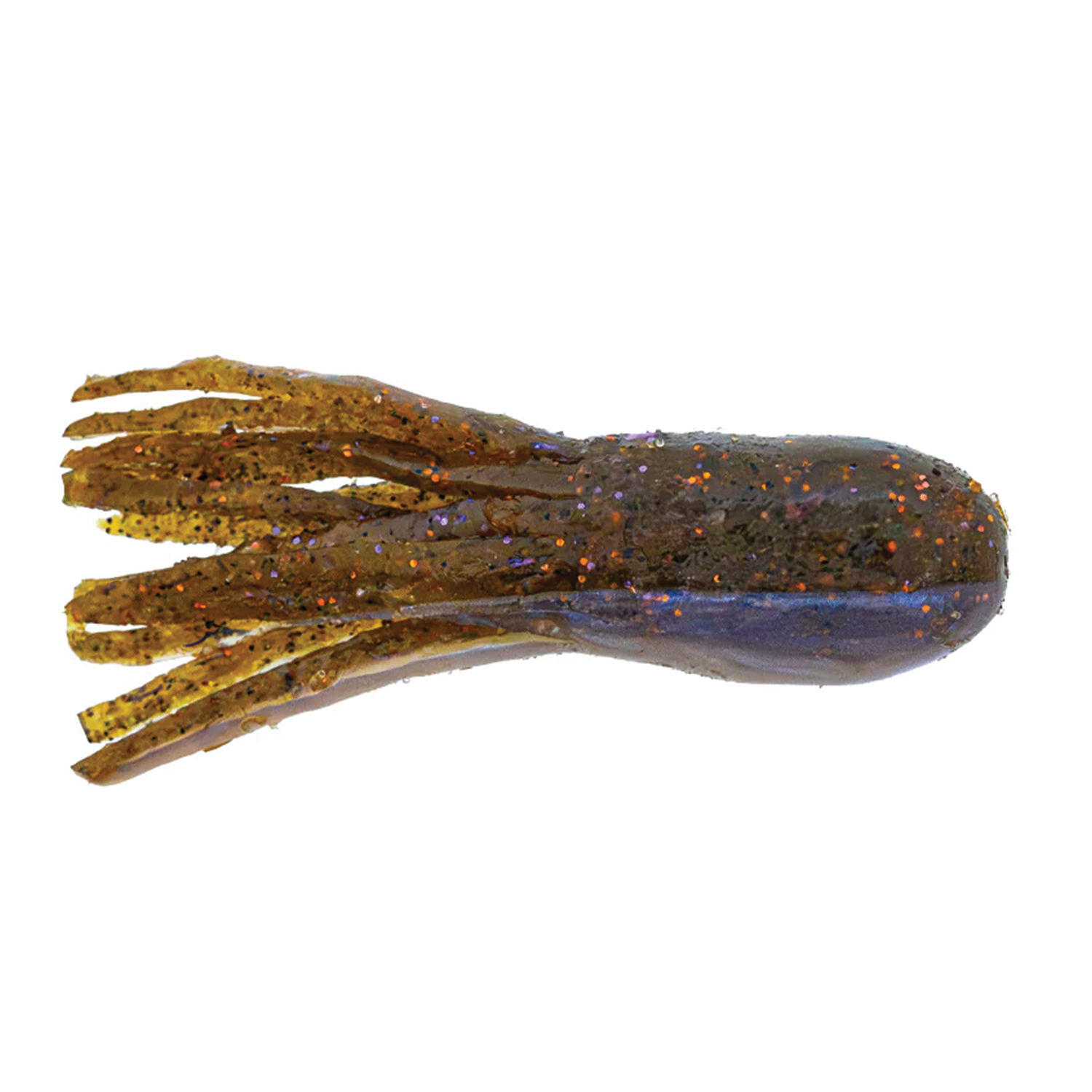X-Zone 2.25" Scented Stealth Tubes fishing lure in brown with orange and purple glitter, designed to mimic natural prey for enhanced fishing tackle performance.
