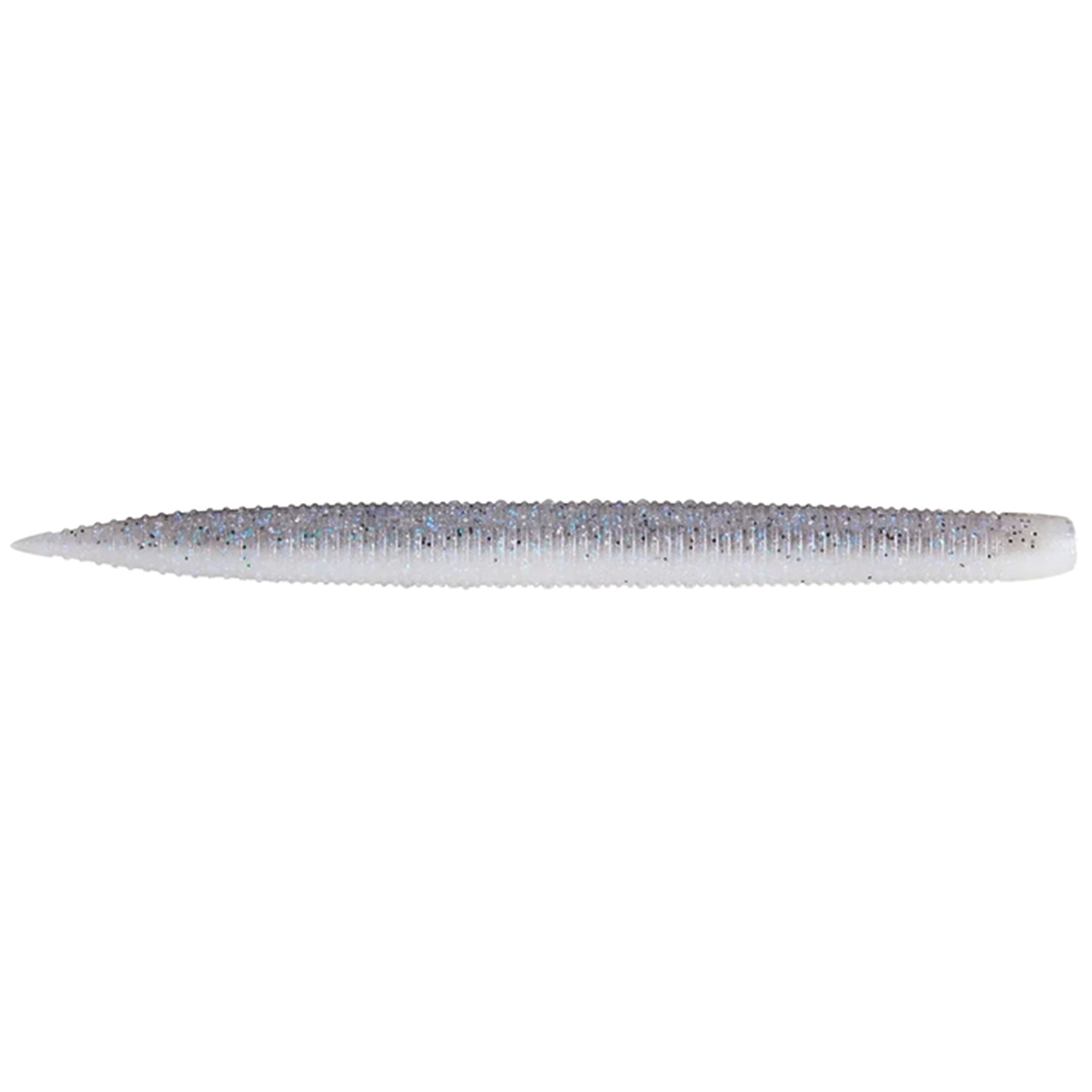 GeeCrack SAF Stick soft fishing lure with a slender, ribbed body in translucent gray and white tones featuring subtle glitter, designed for musky and ice fishing tackle.