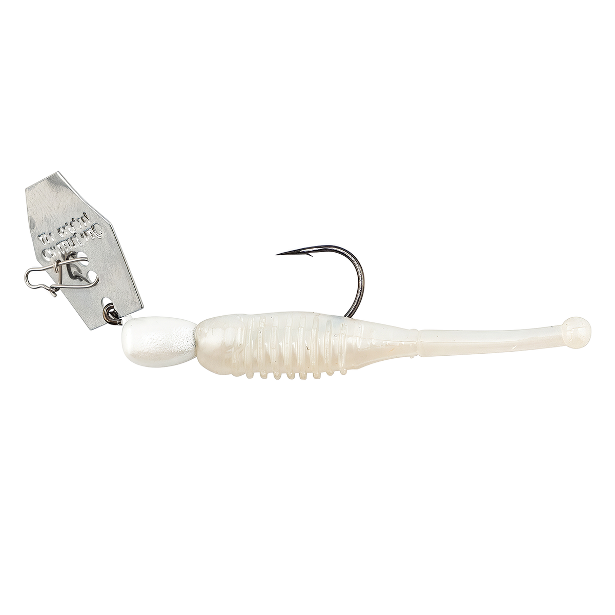 Z-Man Micro Finesse Chatterbait fishing lure featuring a pearl white soft plastic body, single sharp hook, and metal chatter blade for lifelike movement in water.