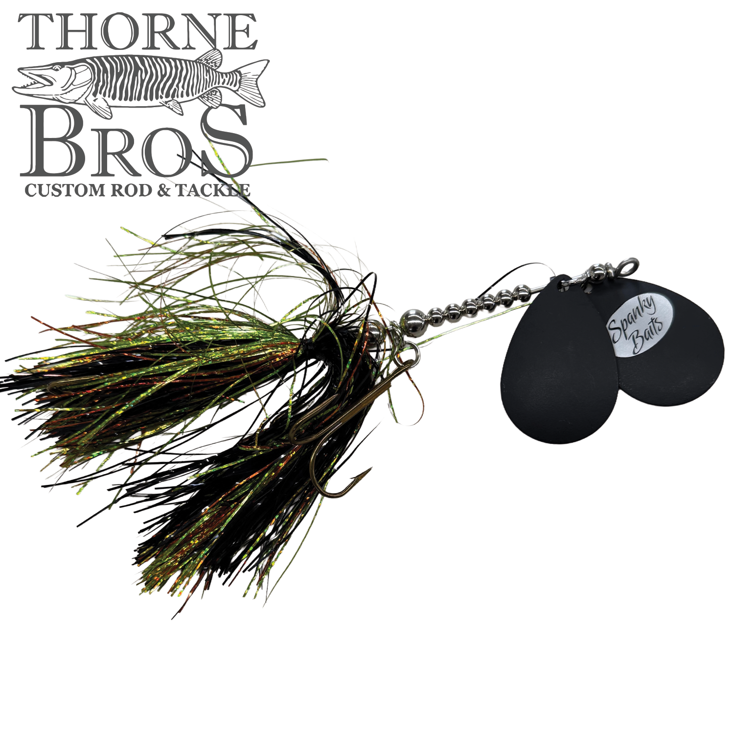 Spanky Baits Fireball 8" fishing lure with black and green iridescent skirt and two black spinning blades designed for musky fishing tackle.