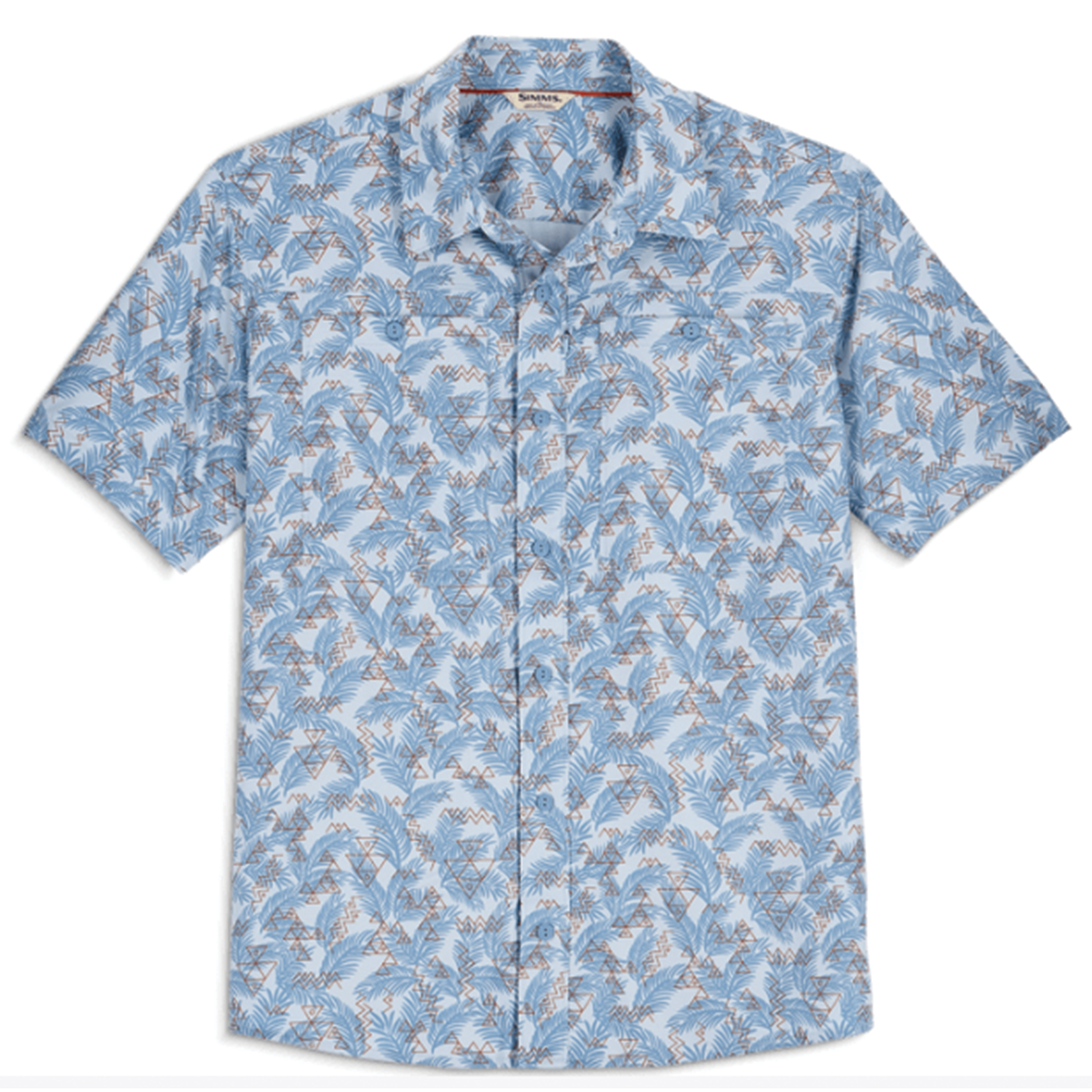 Simms Launch SS Shirt - Men's short-sleeve button-up shirt in blue with an abstract nature-inspired pattern, designed for comfort and style during fishing activities.
