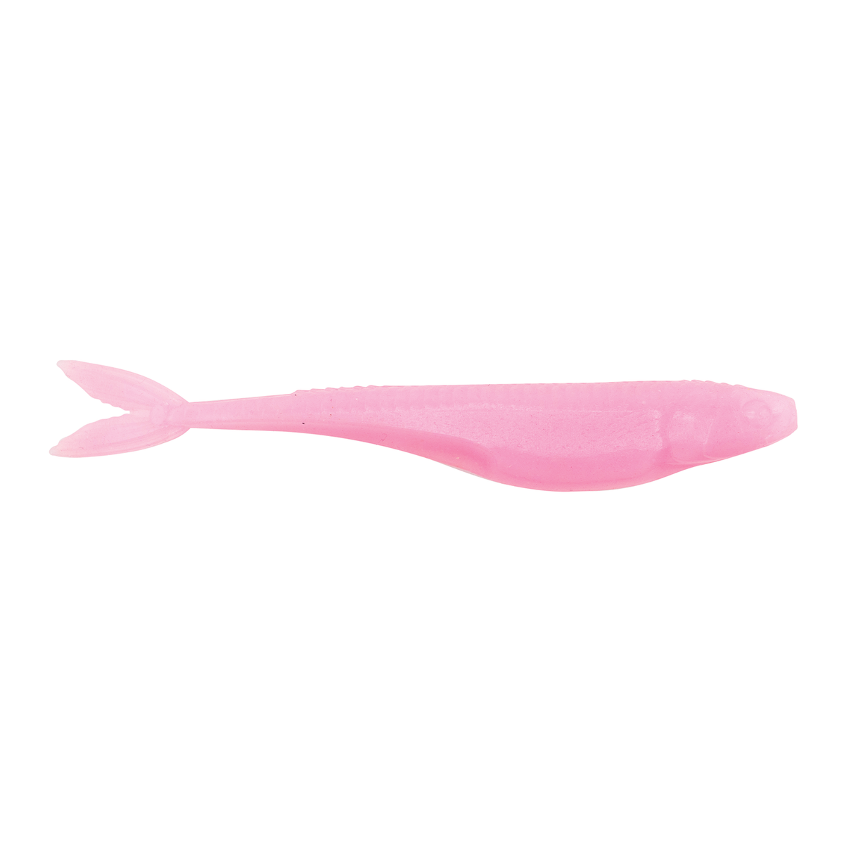 Pink soft plastic fishing lure with a slender body and forked tail, designed for use as a Z-Man Stuntman in fishing tackle.