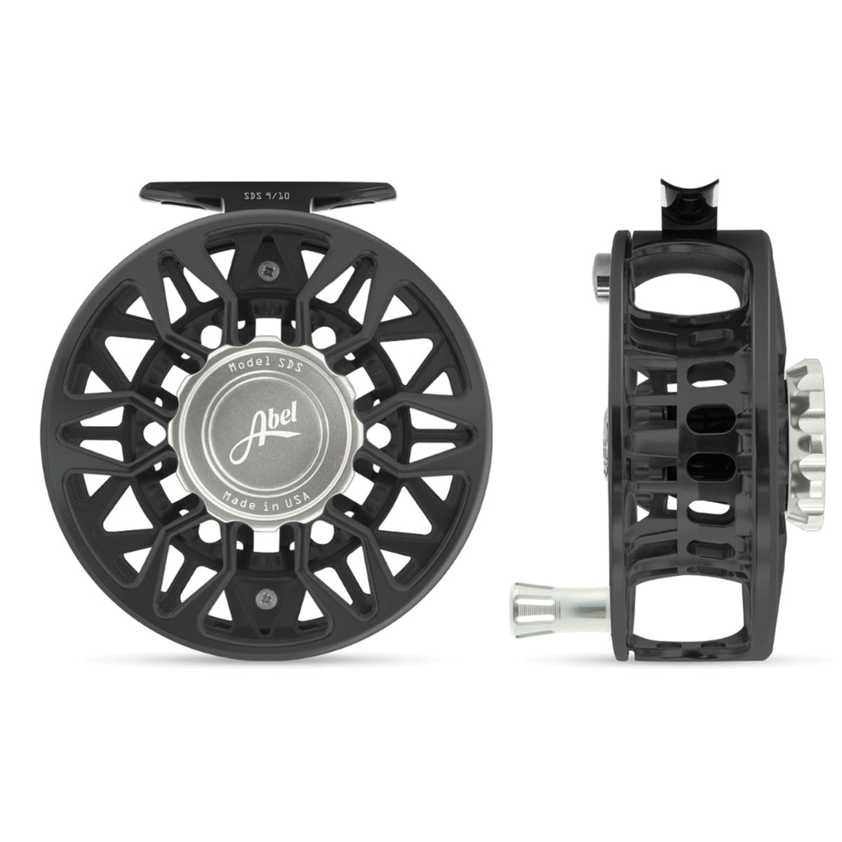 Abel SDS Ported Reel black fly fishing reel shown from front and side with lightweight ported spool and precision frame for smooth reliable performance