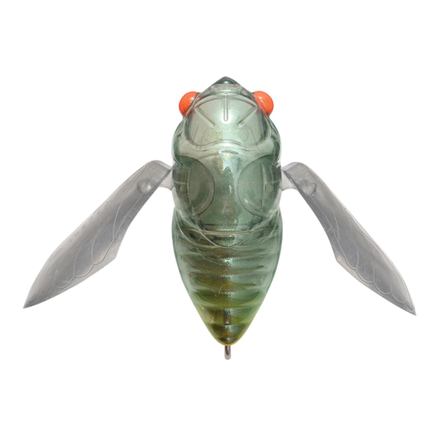 Megabass Grand Siglett fishing lure designed to resemble an insect with translucent green body, detailed wings, and bright orange eyes for attracting fish.