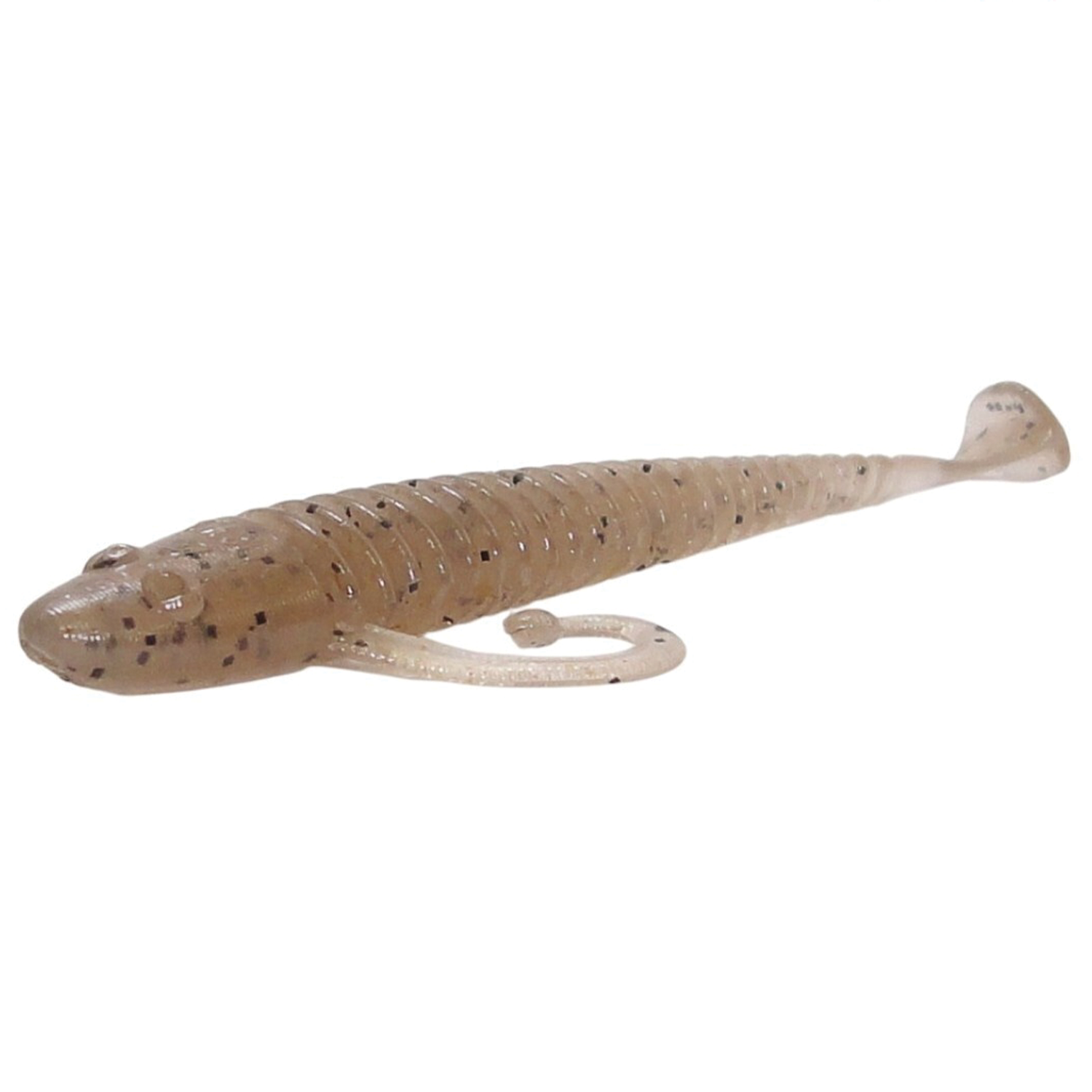 Close-up of a translucent, beige HMKL Alive Coby (Tournament Pack) soft fishing lure with black speckles, designed for musky fishing and featuring a curled tail for realistic movement.