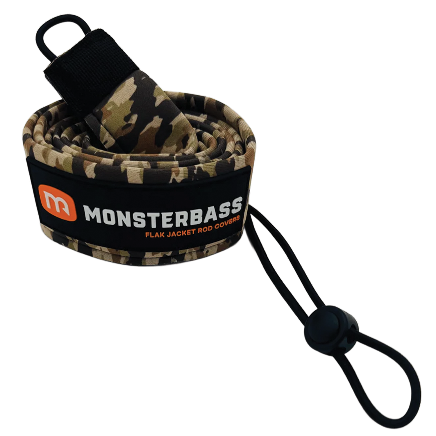 Camo Monsterbass flak jacket rod cover with a lanyard on a white background