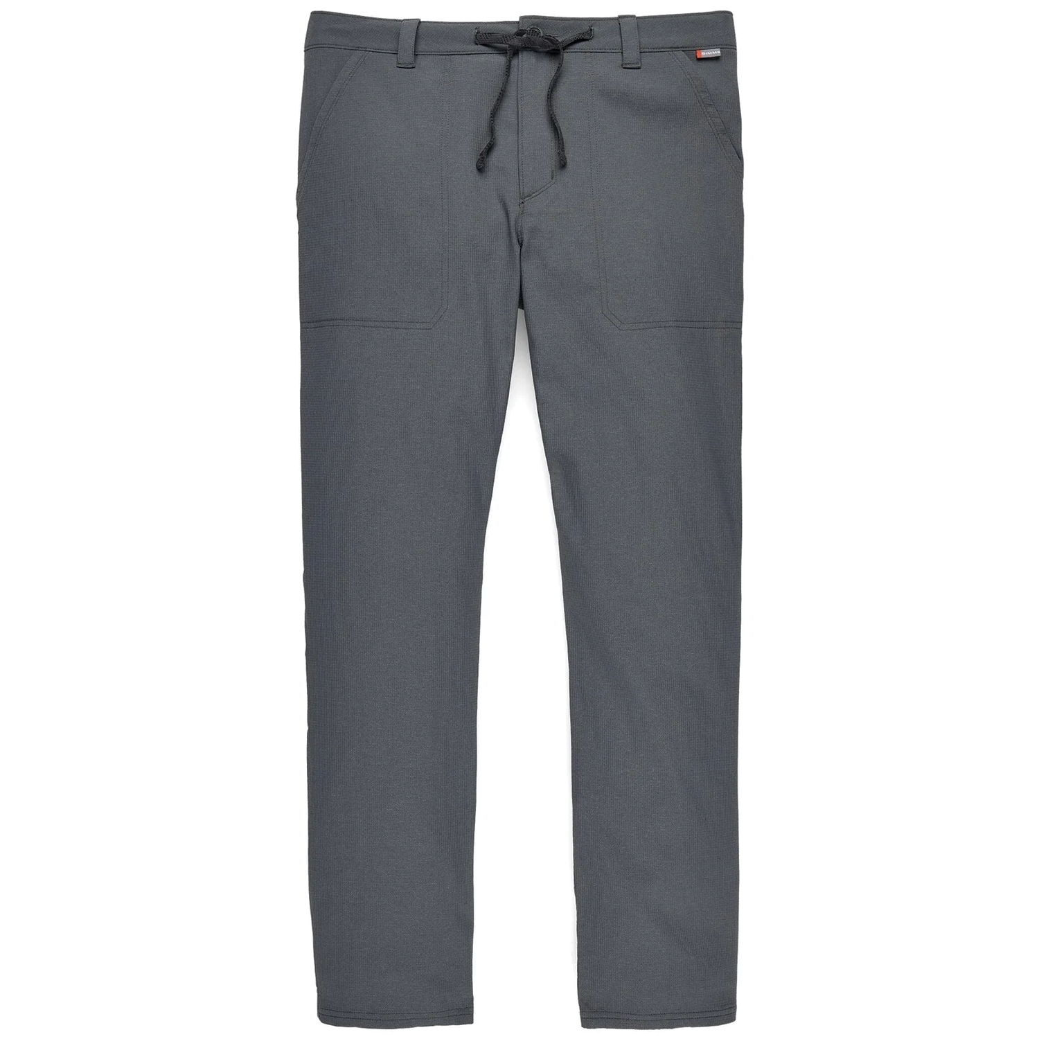 Simms Wanaka Pants - Men's in dark gray with a straight-leg fit, featuring an adjustable drawstring waist and front patch pockets, designed for outdoor fishing comfort and durability.