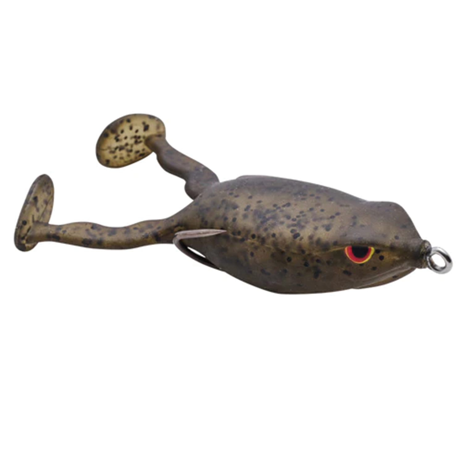 Spro Flappin Frog-65 fishing lure designed to mimic a frog with realistic brown and black spotted pattern, red eyes, and flexible legs for lifelike movement in water.