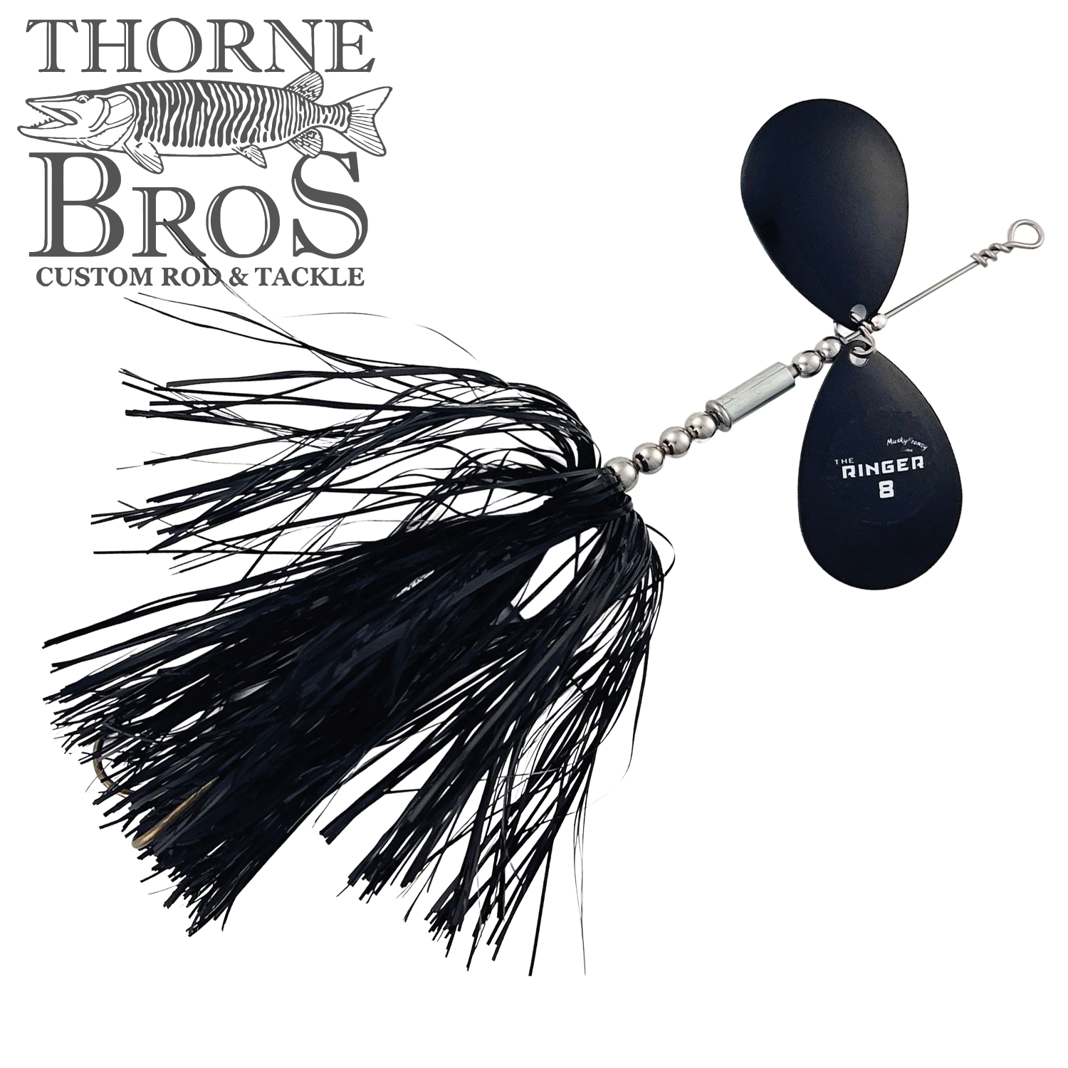 Musky Frenzy The Ringer 8 fishing lure featuring black skirted strands and double silver spinner blades, designed for musky fishing by Thorne Bros.