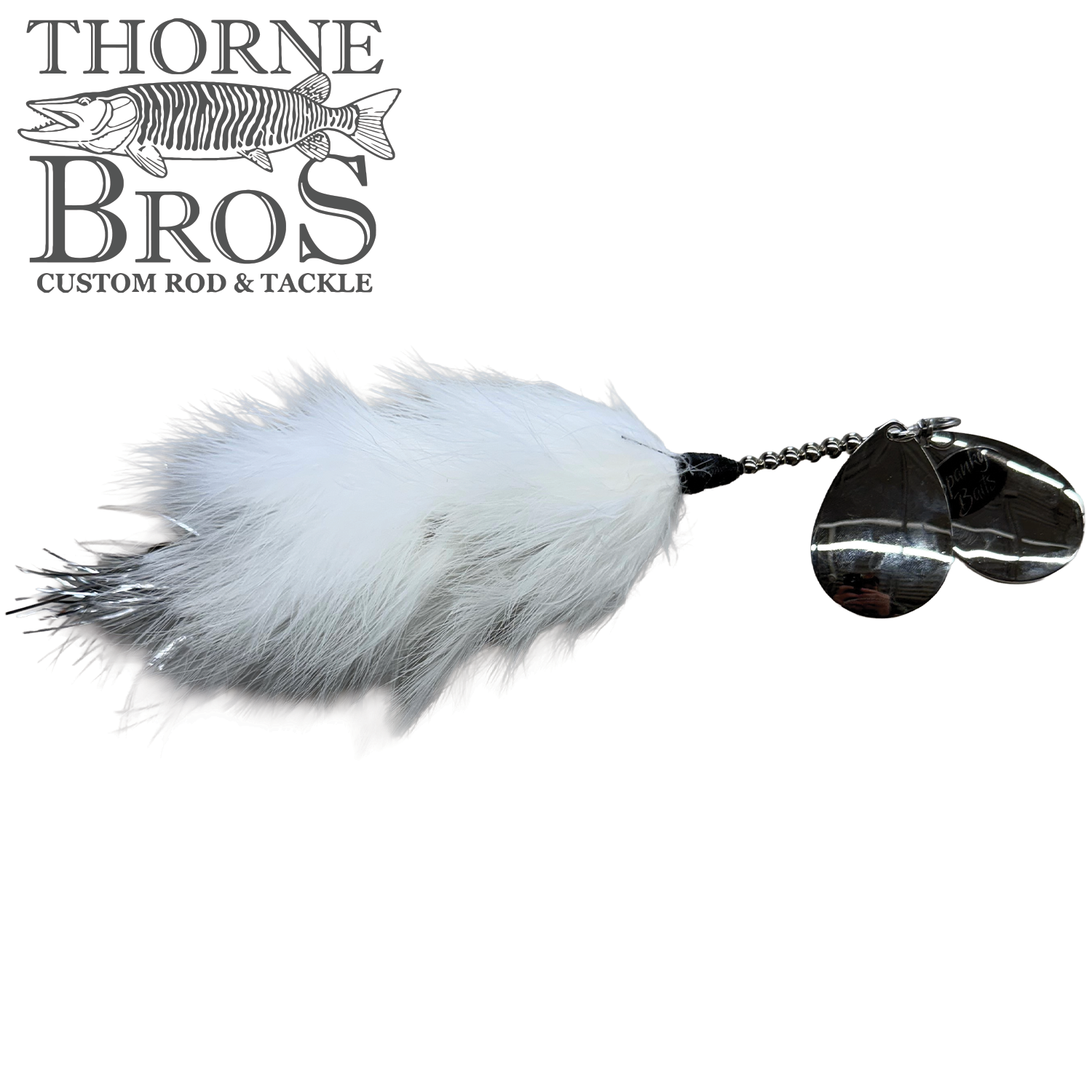 Spanky Baits Raven fishing lure featuring a fluffy white and gray feathered body with two shiny silver spinner blades, designed for musky fishing tackle.