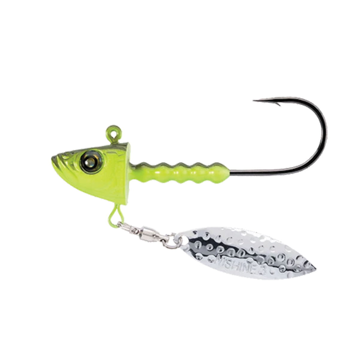 Daiwa Smelthead DX green fishing lure with lifelike eye oversized hook and reflective silver blade for musky fishing and casting performance