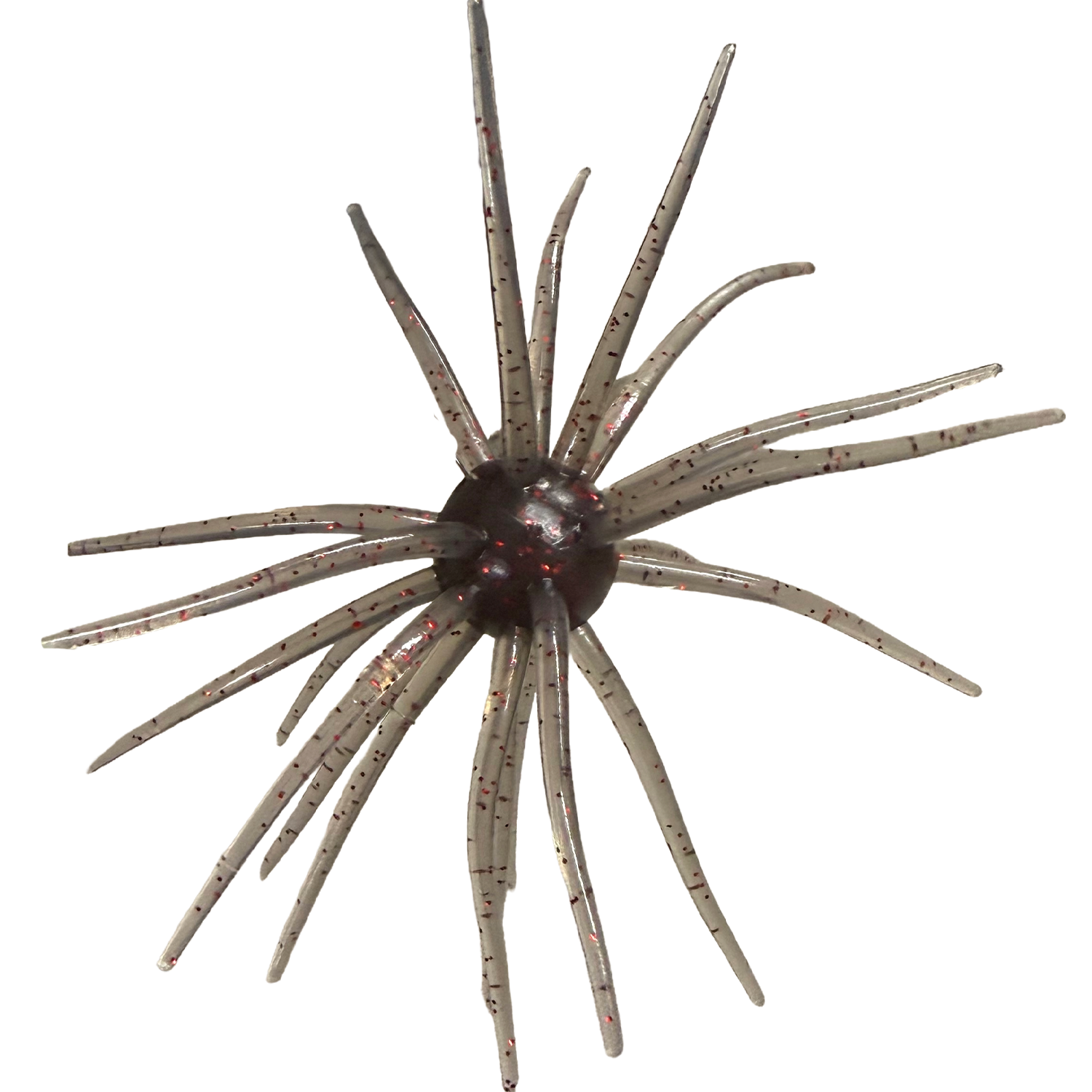 Randamu Lures Fuzzy Ballz soft fishing lure in translucent gray with red flecks, featuring multiple thin, flexible appendages for musky and ice fishing tackle.