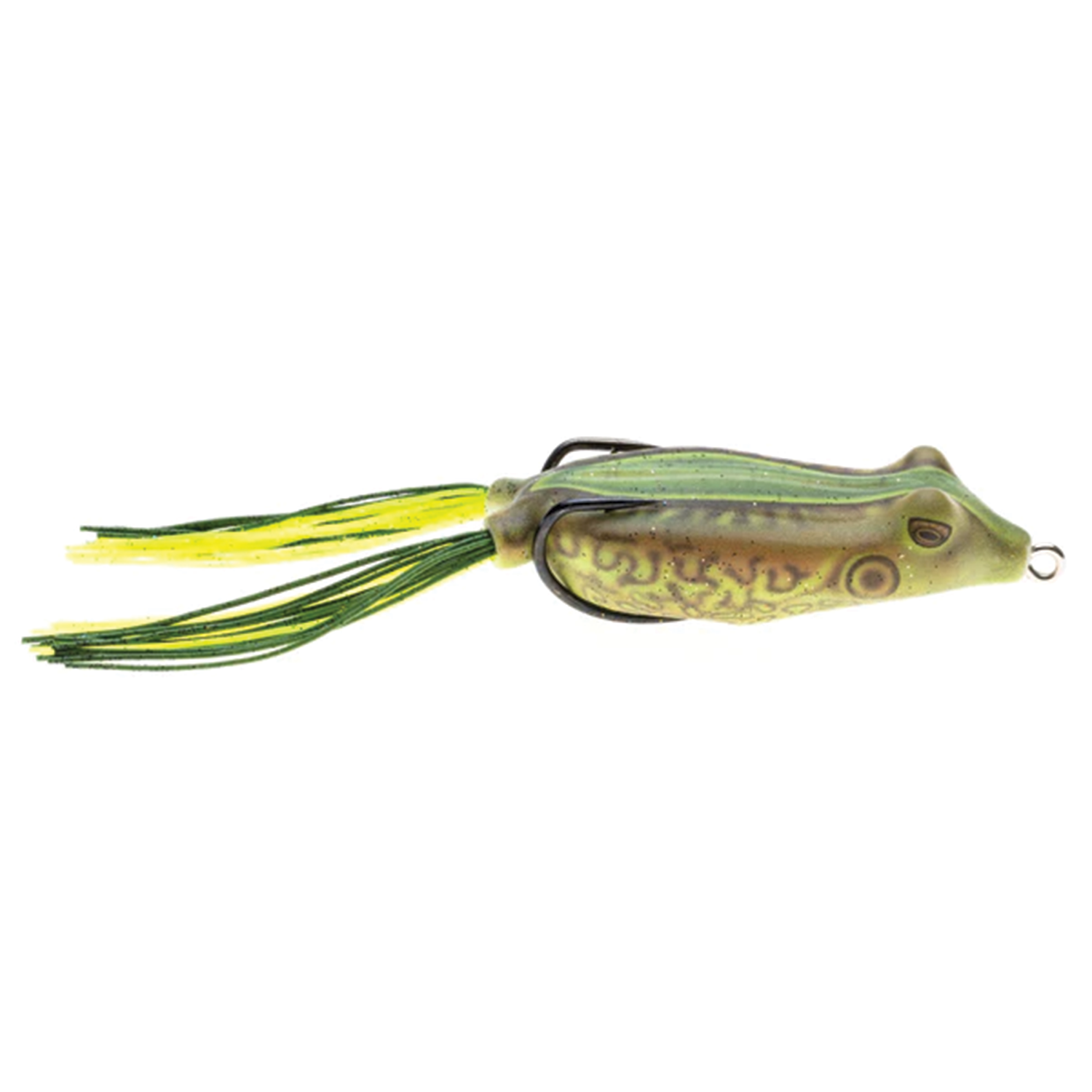 Snag Proof Phat Frog fishing lure designed with a lifelike green and yellow frog pattern, featuring flexible skirted tail strands and an integrated hook for fishing tackle.