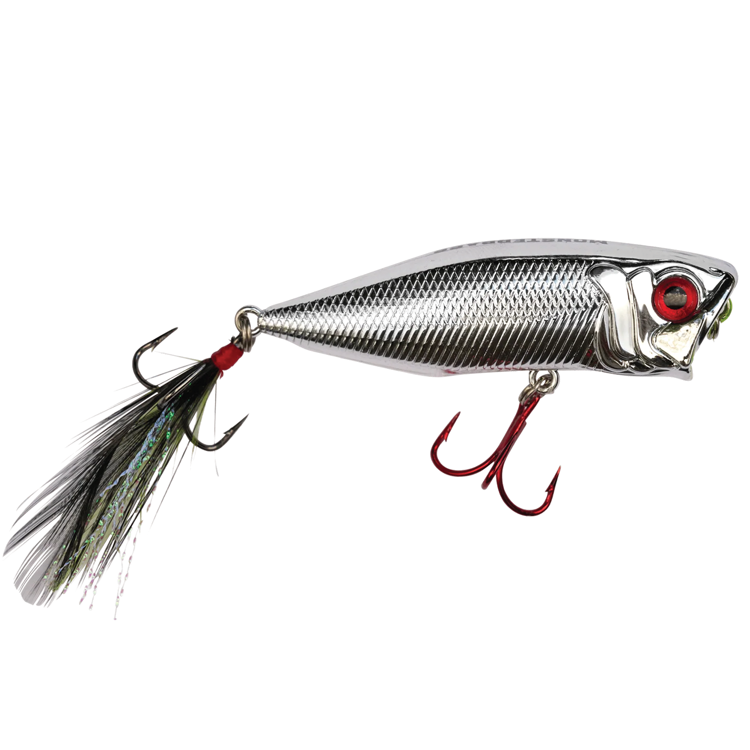 Silver and metallic fishing lure with red eyes, feathered tail treble hook, and an additional red treble hook underneath, designed for catching musky fish, Monsterbass Mad Max.