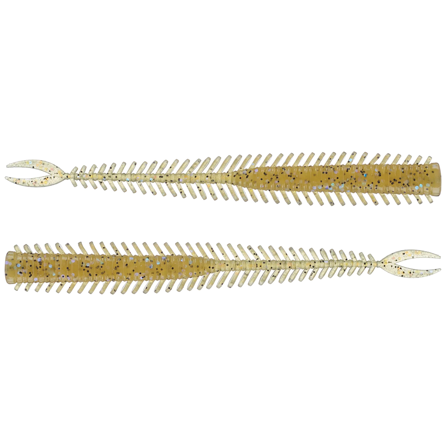 Two soft plastic fishing lures in light brown with blue and black speckles, featuring segmented ribbed bodies and forked tail ends, labeled Geecrack Earthy Worm.